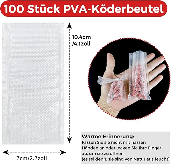 Realure Lot de 100 sachets PVA pour pêche à la carpe, sacs PVA à dissolution rapide pour bouillettes, carpe, nourriture, maïs en conserve, farine de poisson, pellets, 50 x 100 mm, 70 x 100 mm - 2