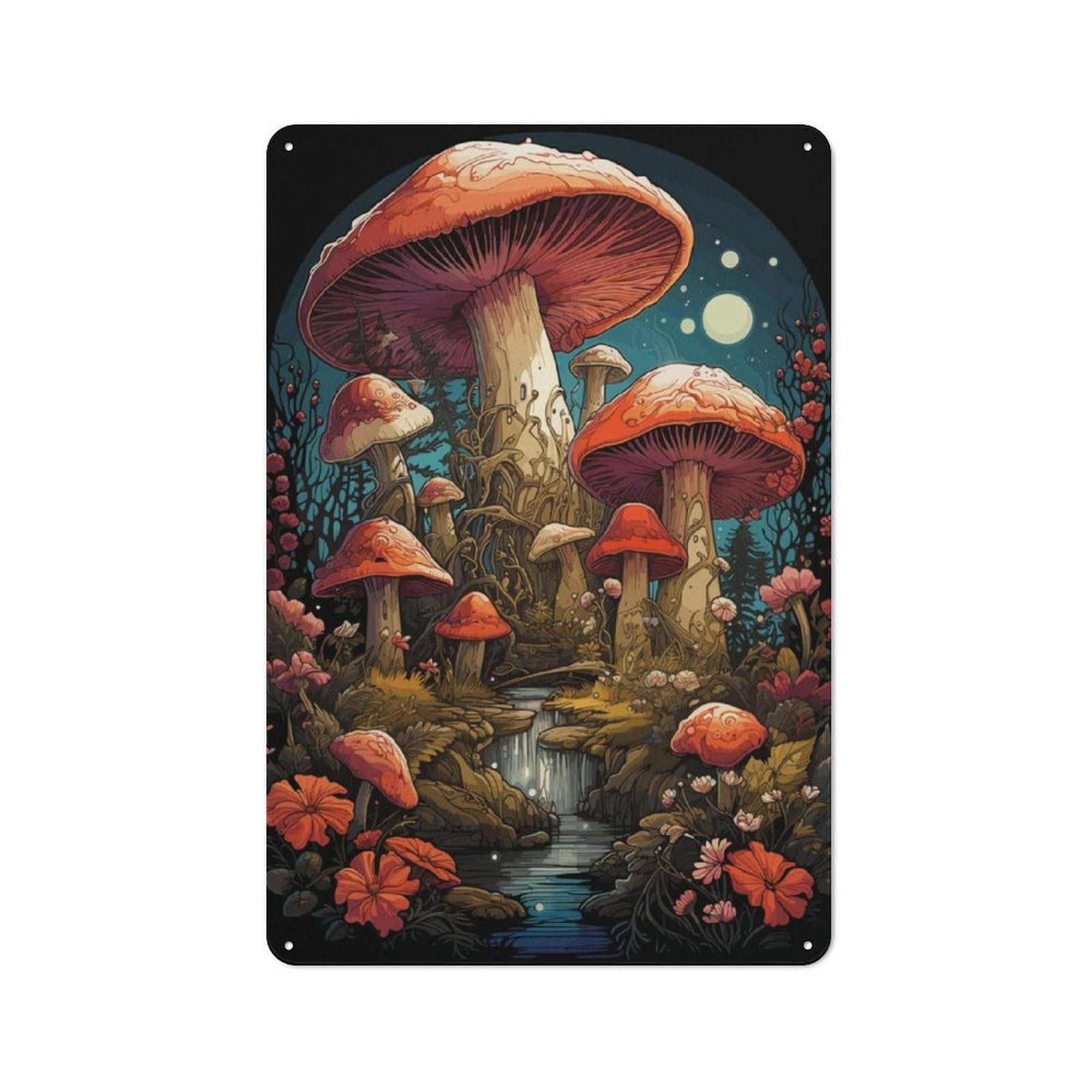 Junmoney Fantasy Mushroom Landscape Industrial-Style Tin Sign 30X20cm For Pub Or Café, Suited To Pub Decor Enthusiasts