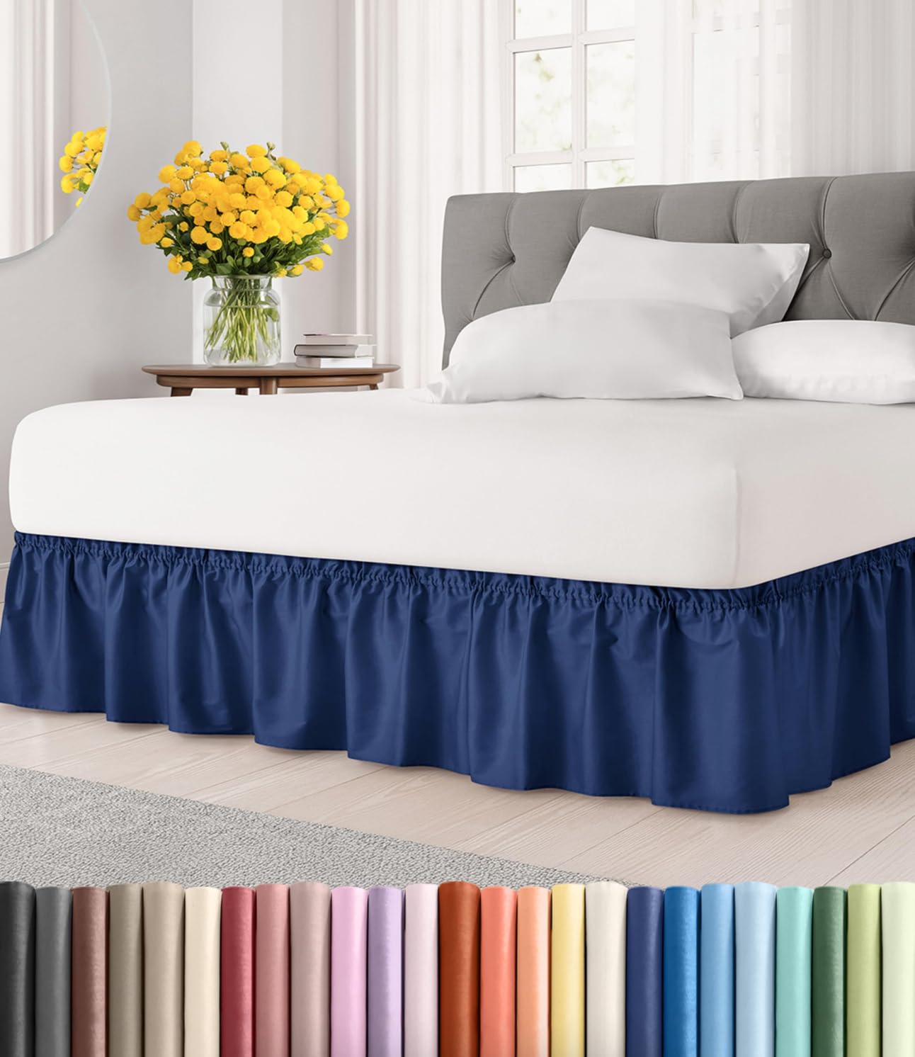 CGK Wrap Around Dust Ruffle Bed Skirt - Queen Size, 21" Inch, Navy Blue