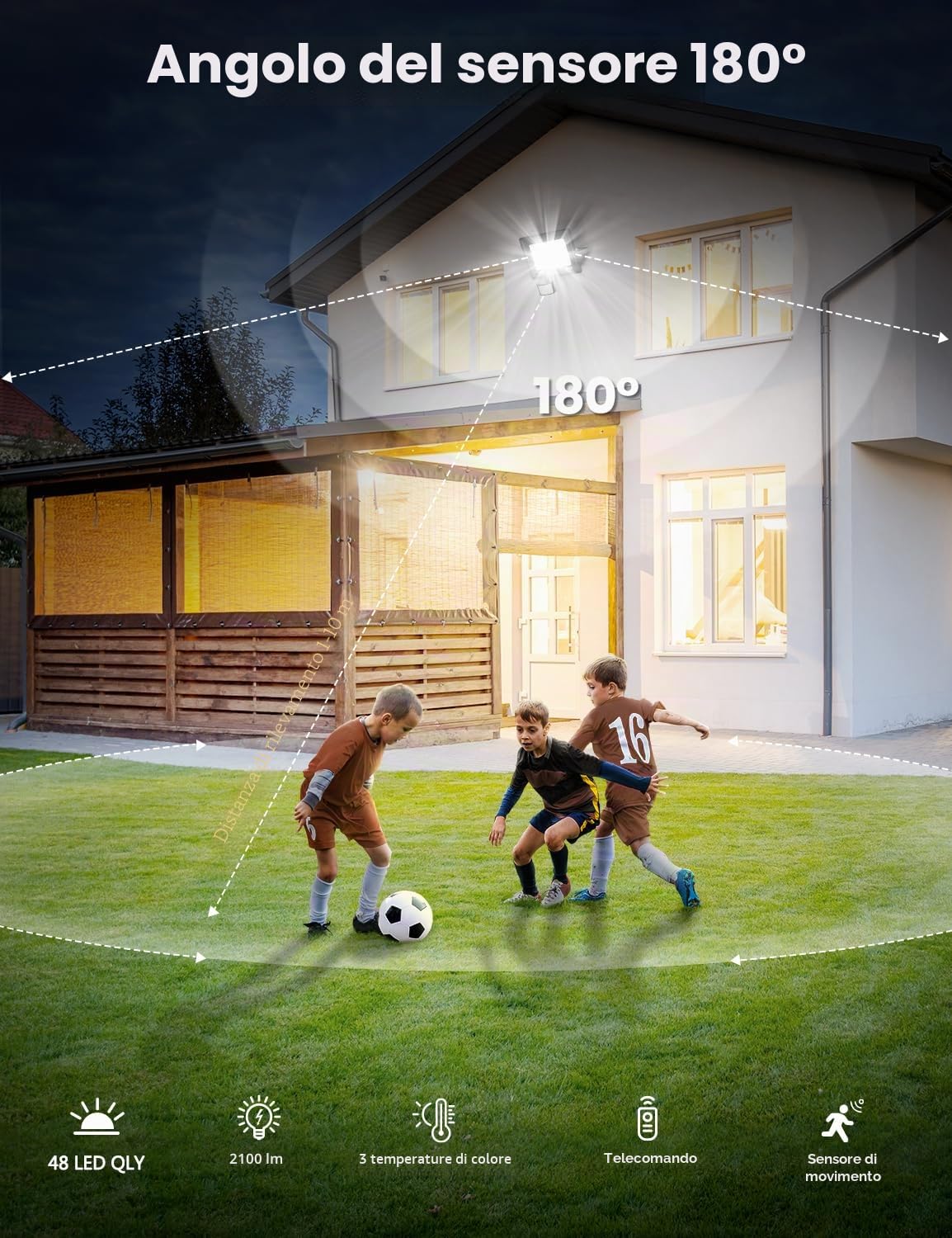Faretto LED da Esterno con Sensore di Movimento 25W, 48 Led 3000K/4000K/6500K IP66 Impermeabile, Telecomando, 2100LM Luci Faretto LED Interno ed Esterno per Giardino, Cortile