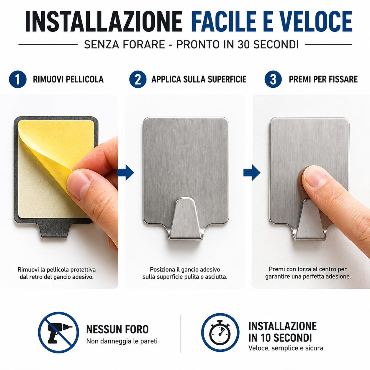 Ganci Adesivi Acciaio Inox Muro, Set 15 Pezzi, Tenuta Forte fino a 3 kg, Senza Forare Senza Trapano, Antiruggine, per Bagno Cucina Ingresso, Made in Italy