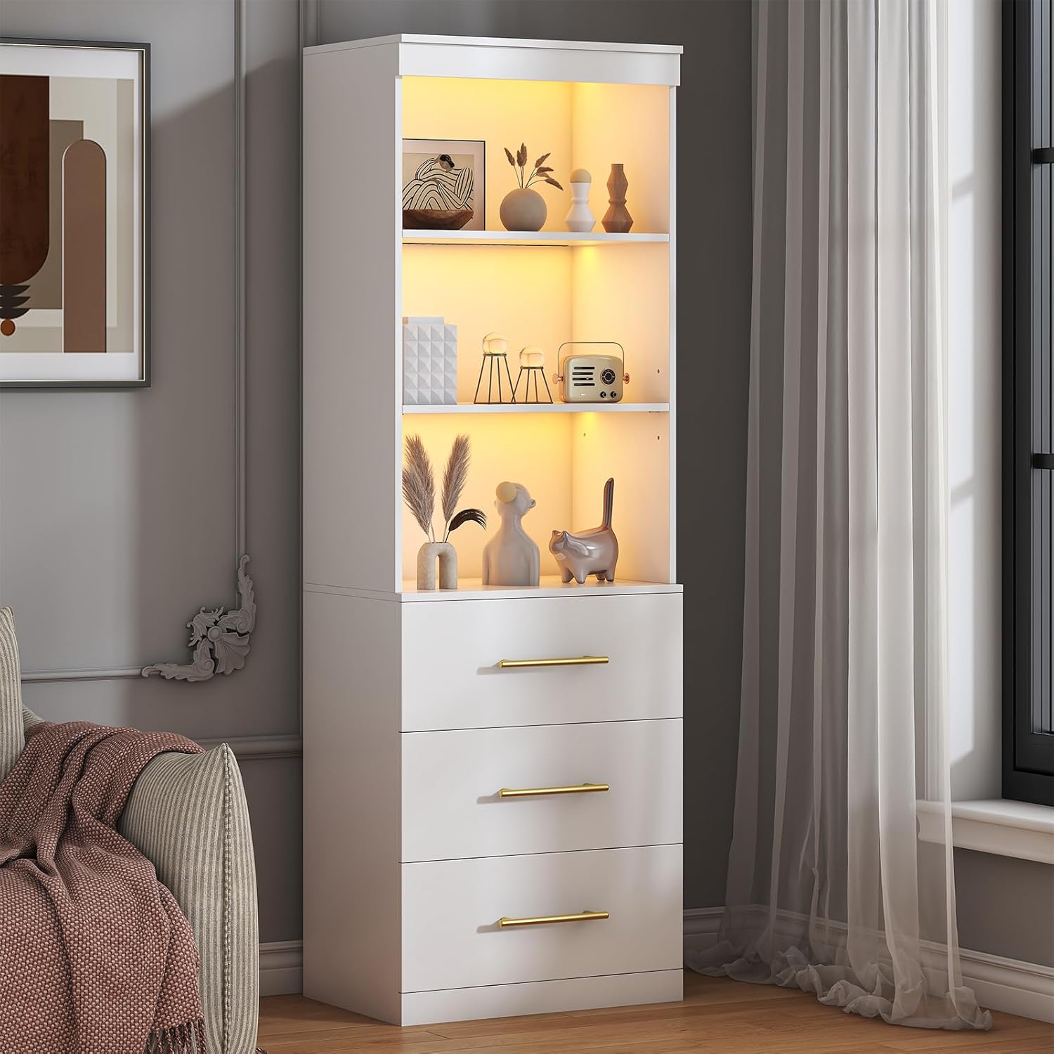 Winkalon 71“H White Bookshelf with LED Light, Bookcase and Bookshelf with Drawers, Tall Bookcase Tall Storage Cabinet 3-Tier Open Shelves for Home Office Living Room Hallway, 15.8"D x 23.6"W x 70.9"H