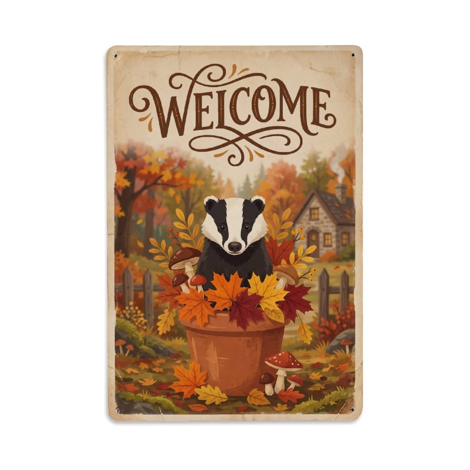 Cxhjca 8X12inch(20X30cm) Vintage Welcome Badger Woodland Friends Metal Tin Sign
