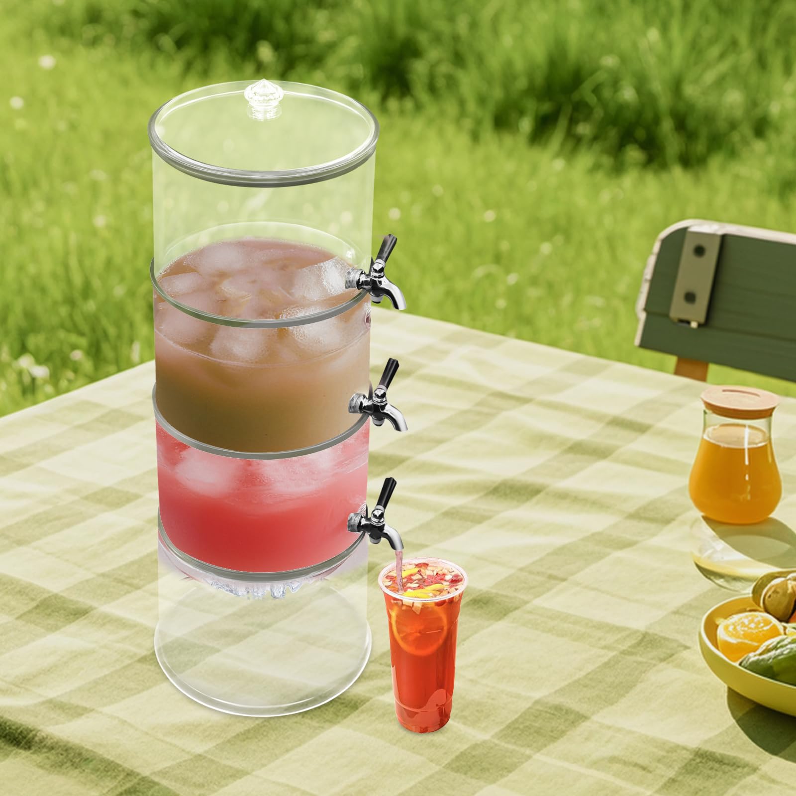 Getränkespender mit 3 Ebenen, Behälter aus Acryl mit Wasserhahn, Eisfach, stapelbares Design, spülmaschinengeeignet, für Saft, Limonade und Cocktails