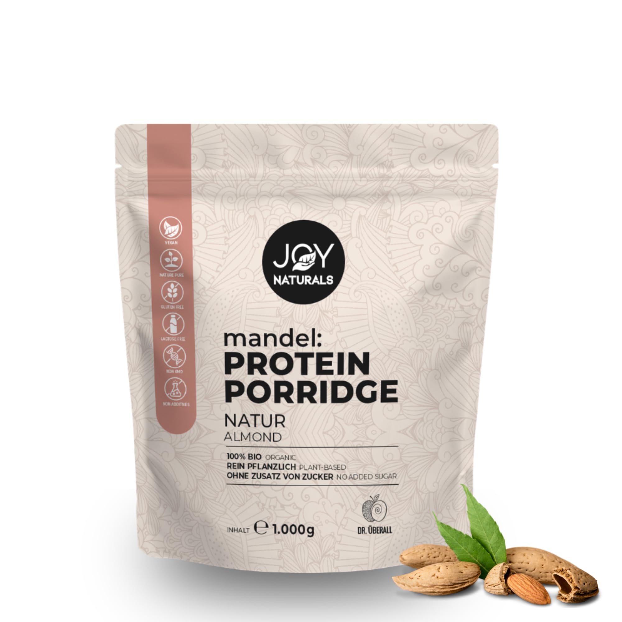 JOY NATURALS Mandel Protein Porridge NATUR Bio 1000g – Veganes Frühstück mit hohem Eiweißgehalt, Ohne Zuckerzusatz, Glutenfrei, Pflanzliches Protein