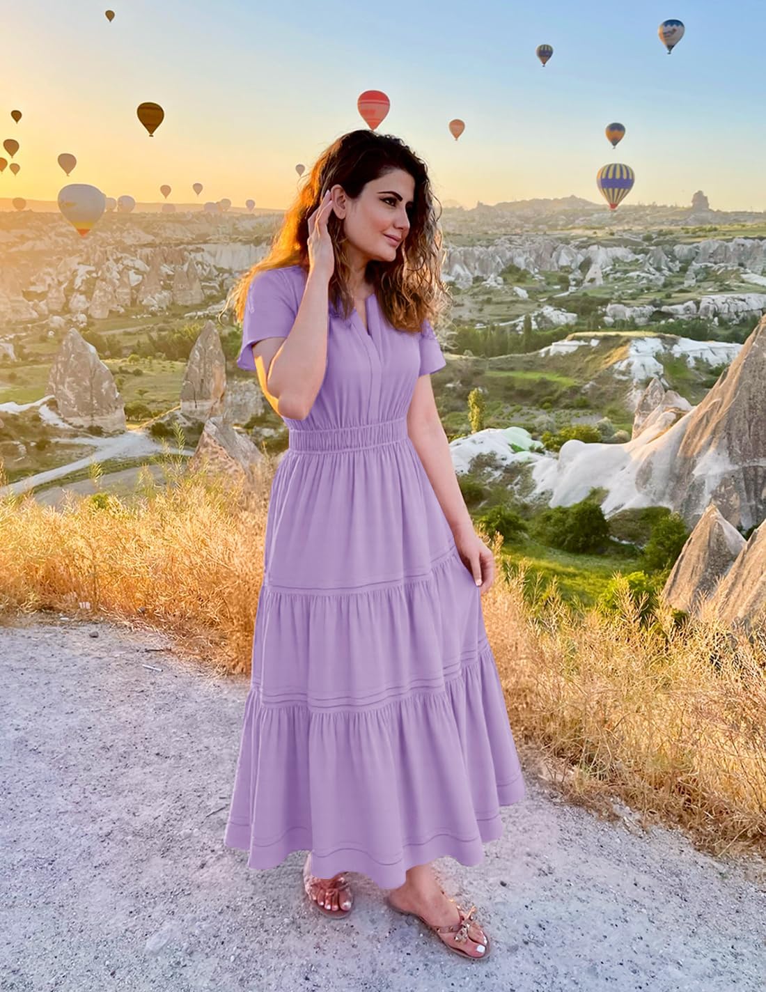 ZESICA Women's Summer Casual Short Sleeve Midi Dresses 2026 V Neck Elastic Waist Tiered Flowy Boho Dress with Pocket - Image 5