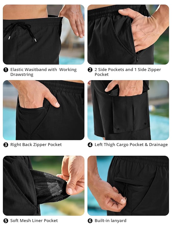 INCERUN Men's Swim Trunks with Compression Liner 2 in 1 Board Shorts Quick Dry Bathing Suit Swimsuit Swimming Trunks for Men Long Swim Shorts with Pockets Black Medium - image 5