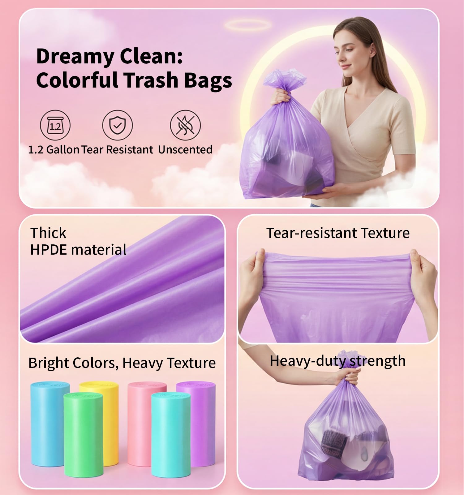 Bolsas de basura de 1.2 galones, 300 bolsas de basura pequeñas de colores, bolsas de basura pequeñas de 4.5 litros, sin perfume, a prueba de fugas y resistentes a desgarros para baño, oficina