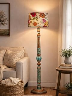 Decorcity Antique Algae Handcrafted Wooden Floor Lamp with Fabric Shade | Vintage Rustic Standing Lamp for Living Room, Be... Price In India