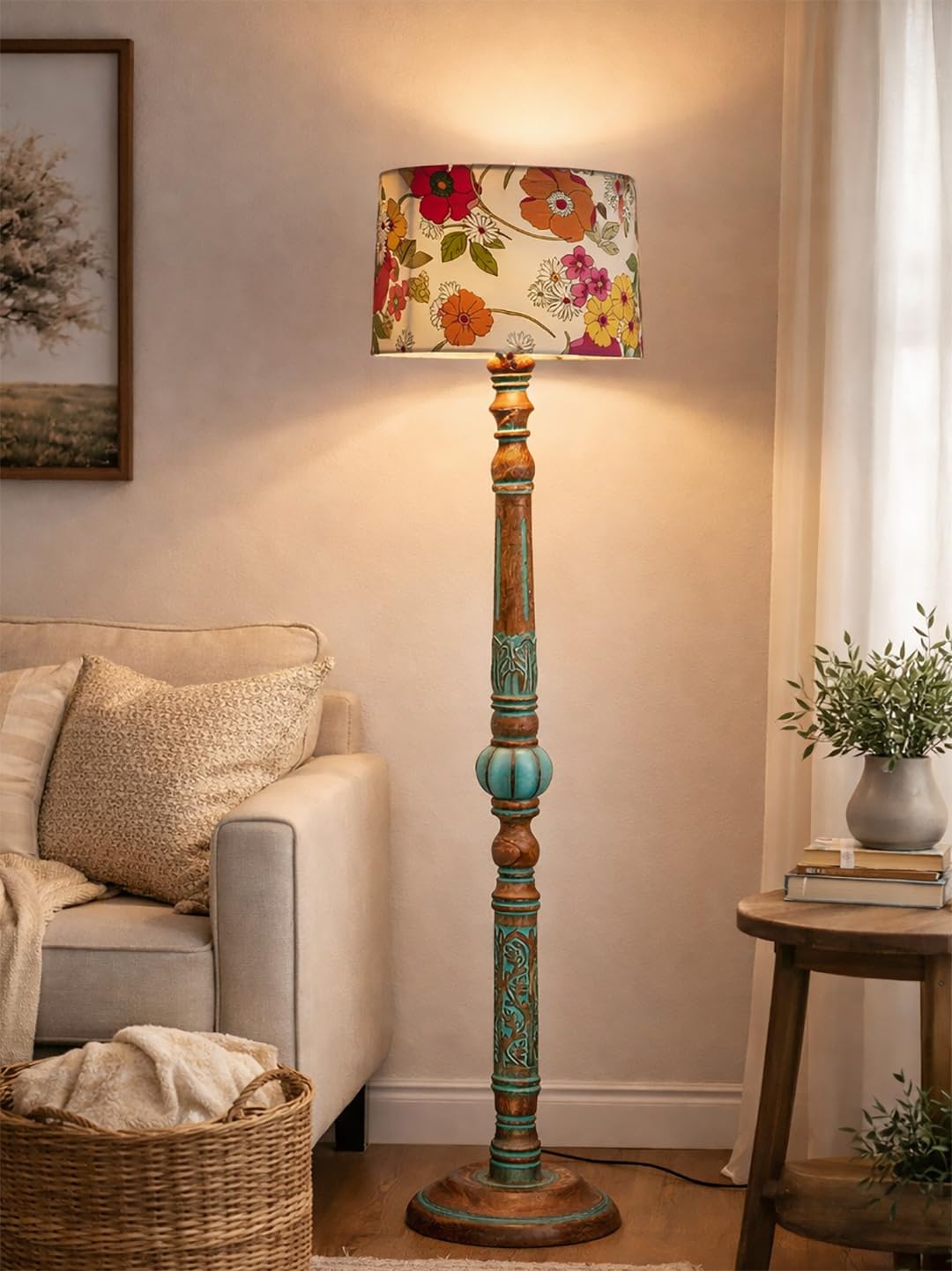 Decorcity Antique Algae Handcrafted Wooden Floor Lamp with Fabric Shade | Vintage Rustic Standing Lamp for Living Room, Be... - Review, Price and Buying Guide