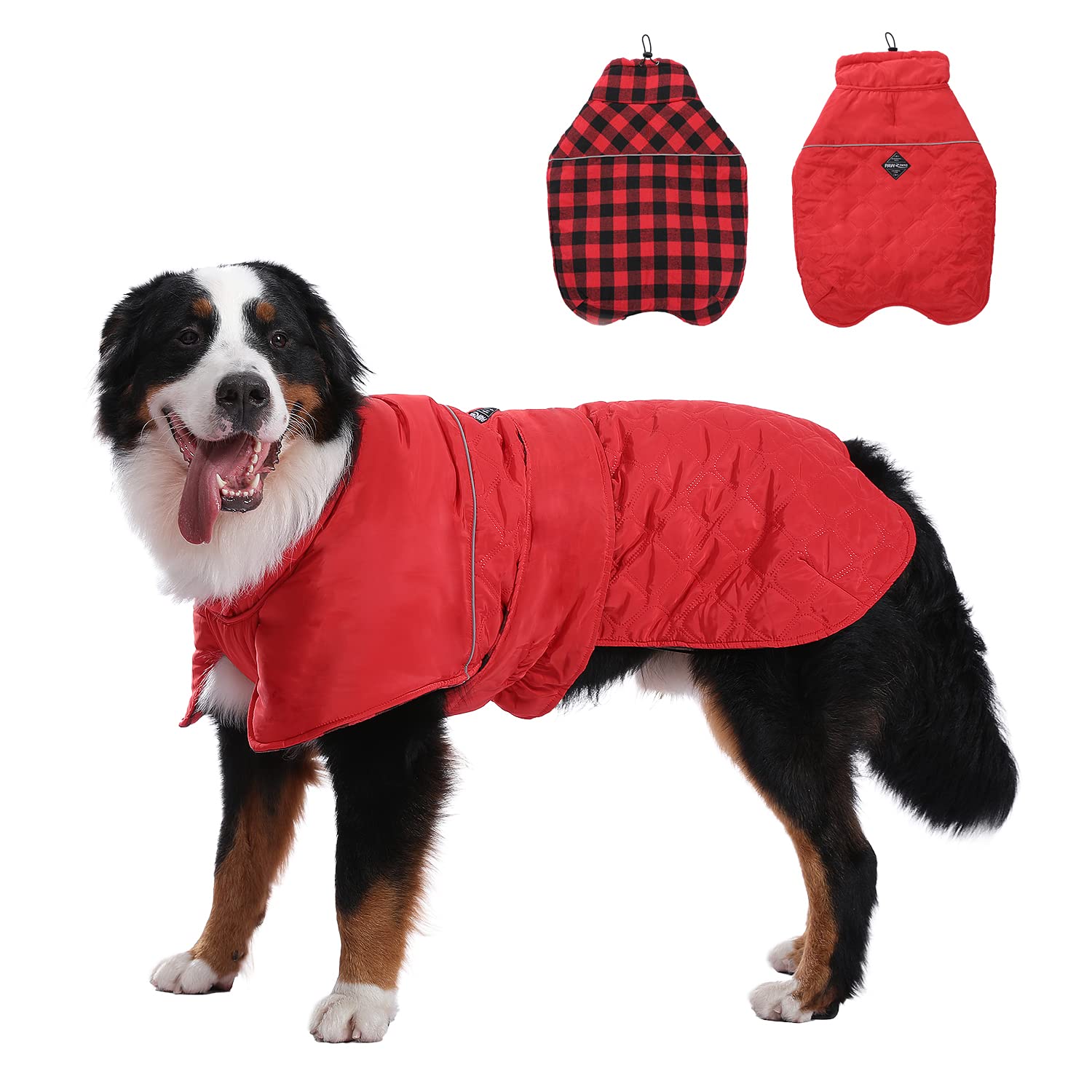 PAWZ Road Dog Winter Coat with 5 Layers Warm Material, Reversible Dog Clothes with 2 Sides, Dog Jacket Outdoor Water Repellent, (Red Plaid L)