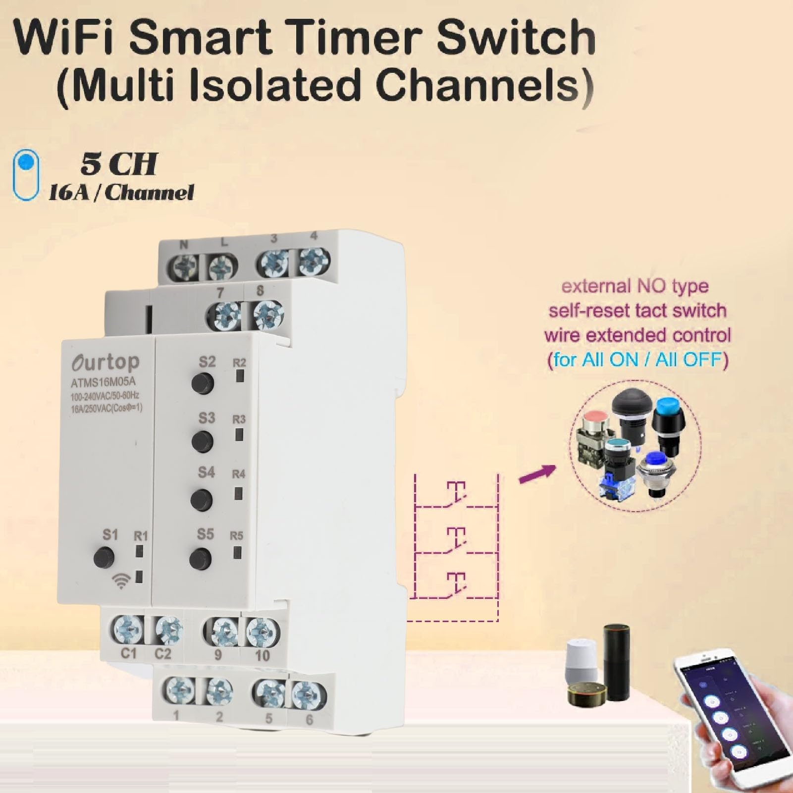 Fafeicy Temporizador WiFi Inteligente, 5 Canales Aislados con Interruptor Externo, Control por Voz, Soporte para APP Tuya, Corriente 16A, Ideal para Automatización del Hogar