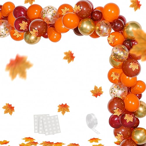 159 Pcs Thanksgiving Balloons Fall Arch Kit Latex Balloons Garland Thanksgiving Party Decor Maple Leaves and Gold Confetti Orange Burgundy Brown Balloon for Autumn Harvest Birthday Baby Shower
