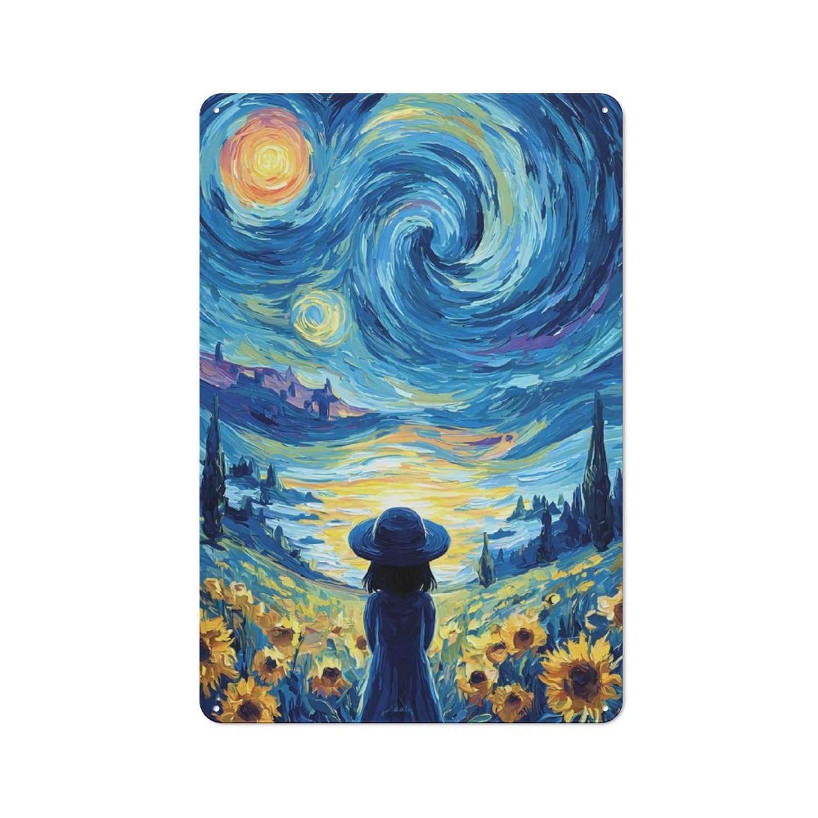 Junmoney Girls Style-20 Tin Wall Plaque 30X20cm With In Sunflower Field Under Starry Sky For Café Or Restaurant, New Home Wall Decor For Hospitality Interior Collectors