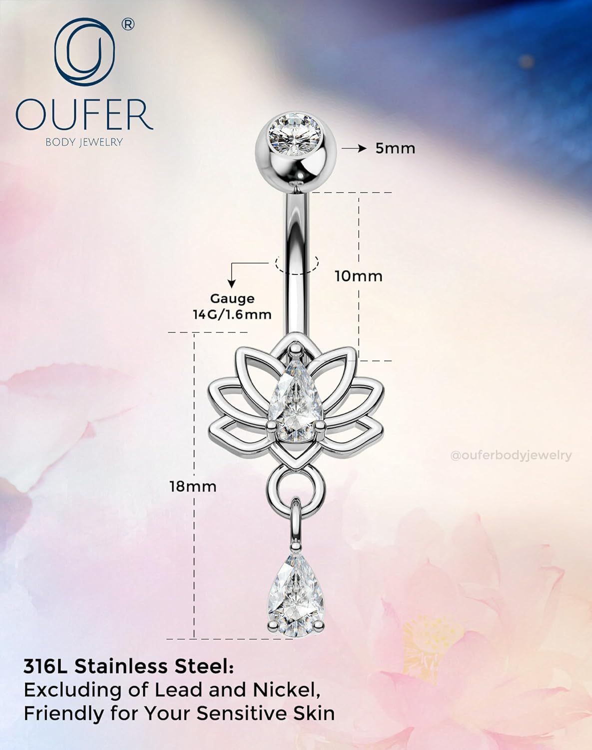 OUFER Hypoallergenic Dangle Belly Button Rings, 14g Surgical Steel Belly Rings for Women, Lotus Navel Rings, Dangle Navel Piercing Jewelry - Image 6