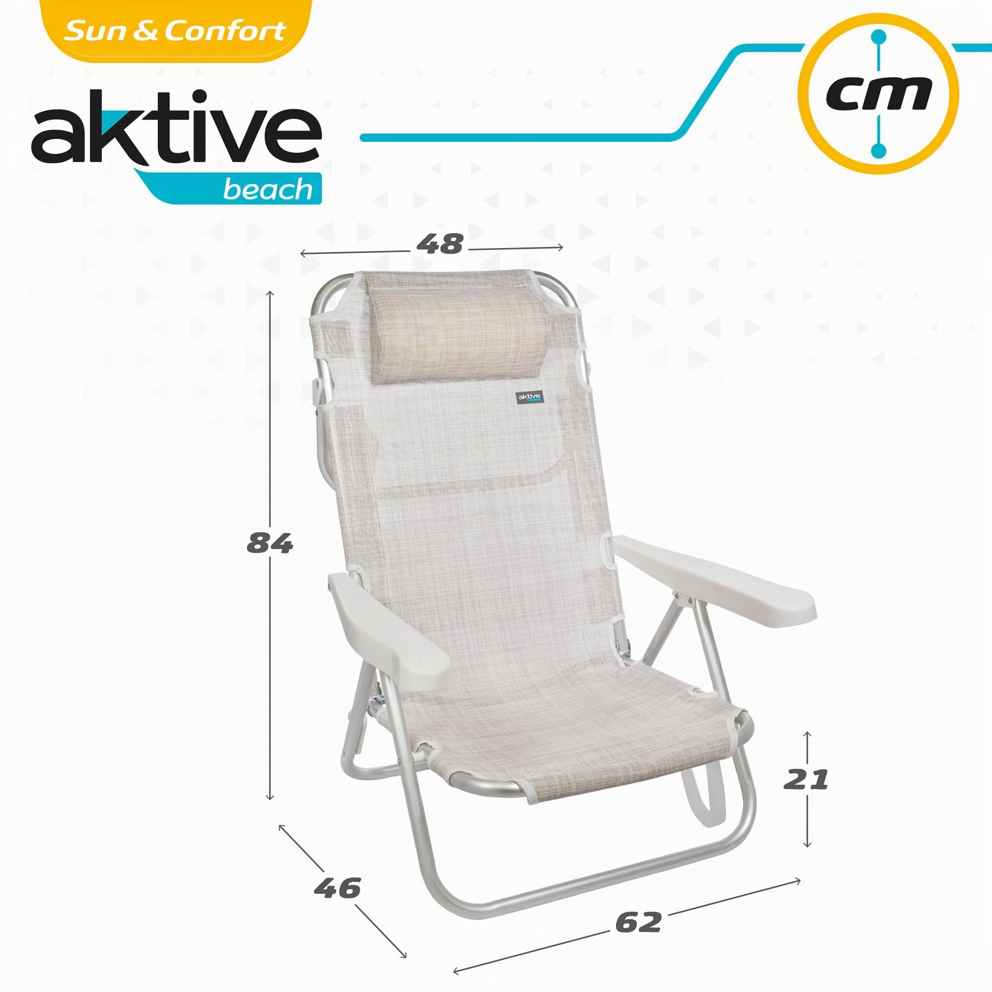 AKTIVE Beach Lot 2 Chaises de Plage Pliantes Ibiza Multipositions avec Dossier Réglable, Coussin et Poignée de Transport, 48 X 45,50 X 84 cm, Économique, Beige