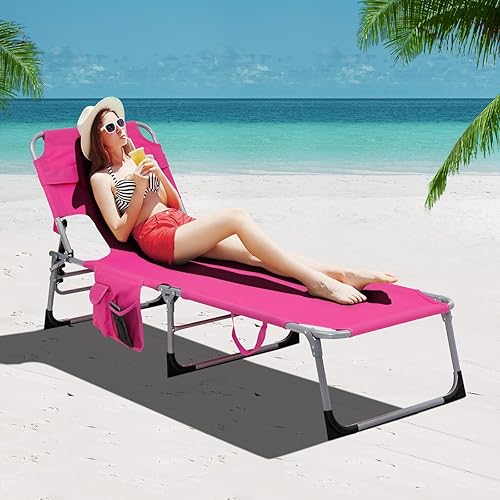 Miniatura 2 de Goplus Silla bronceadora, silla de playa plegable con agujero para cara y brazo, 5 posiciones ajustables, almohada extraíble, bolsillo lateral,