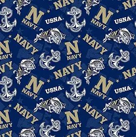 Tecido de aspirantes da Academia Naval dos Estados Unidos – Tecido acolchoado de algodão marinho oficialmente licenciado pela Sykel Enterprises, jarda pré-cortada para costura e artesanato, tom sobre