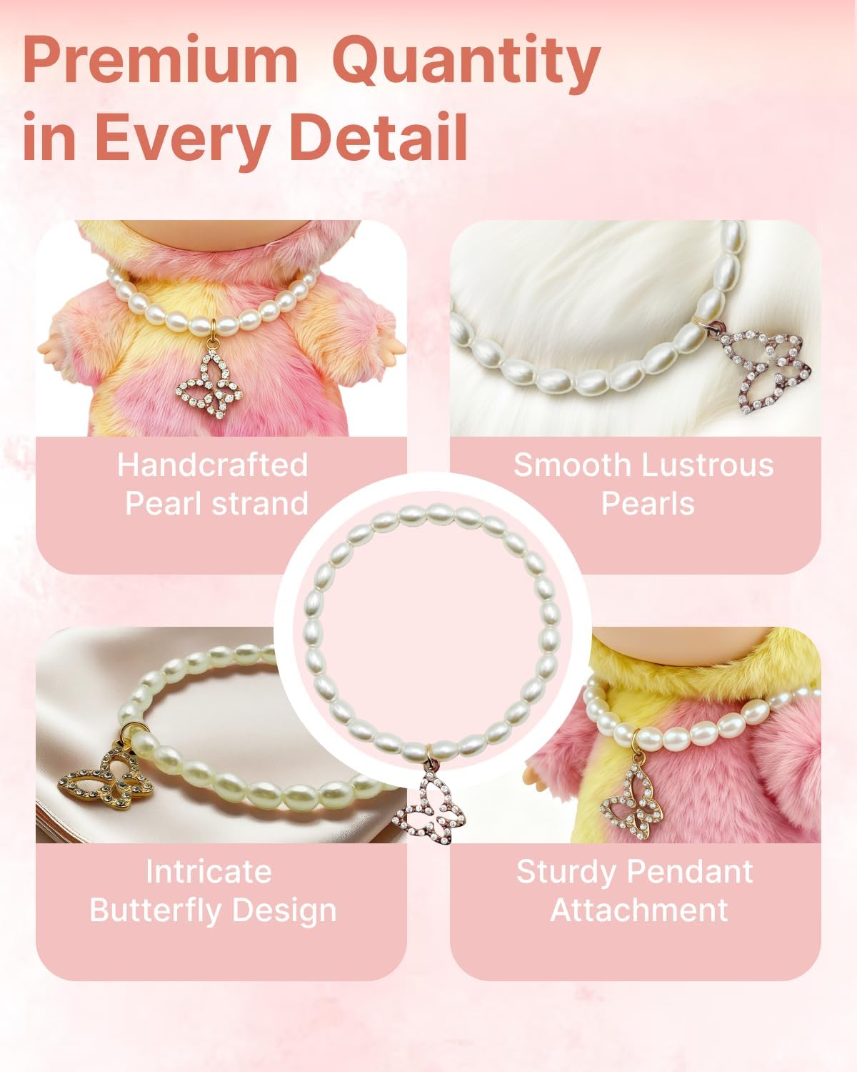 3Pcs Necklace Set for Labubu Doll, Pearl Butterfly Pendant Necklace & 2 Gold Cuban Chains, Doll Outfit Accessories, Jewelry Set for 17cm Dolls