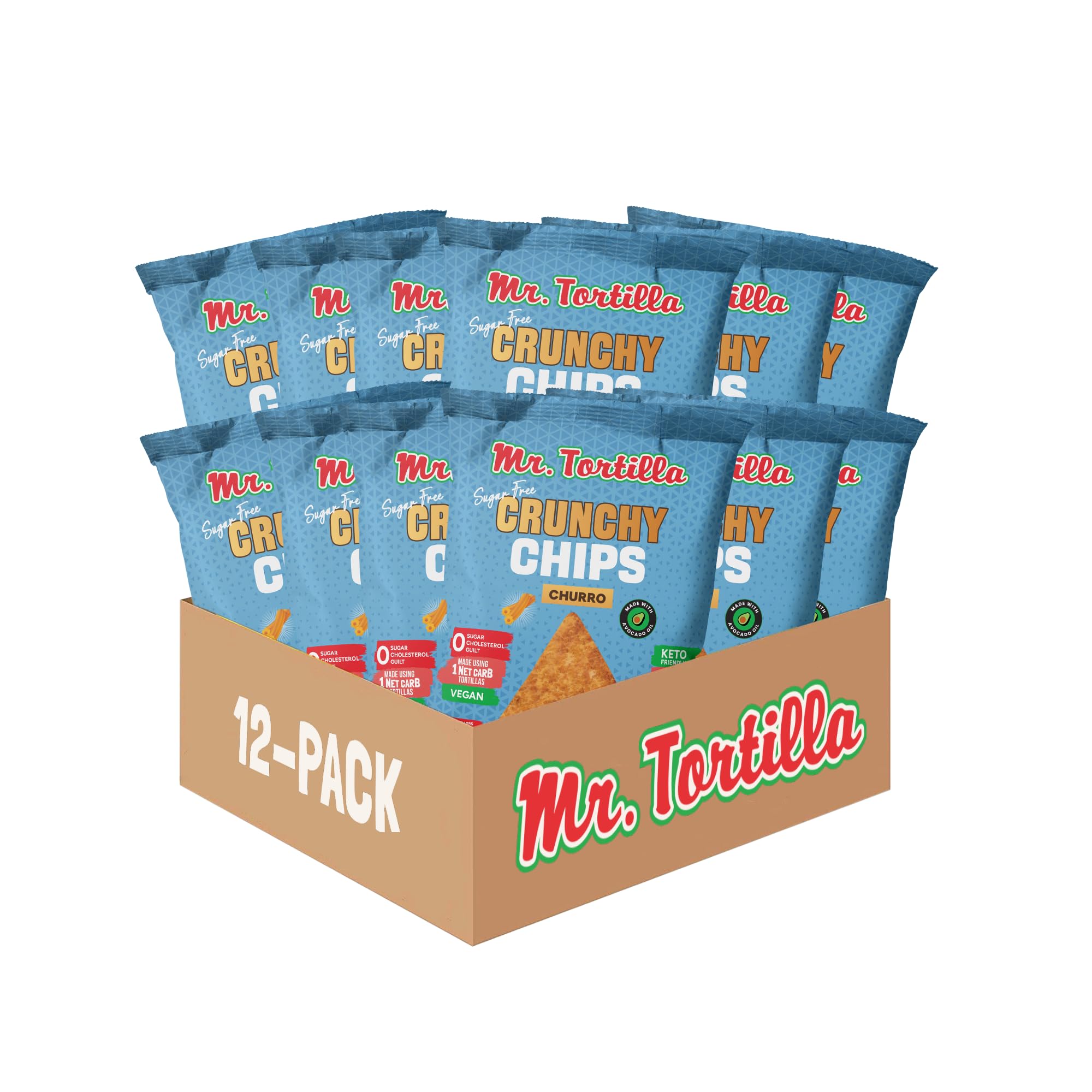 Photo 1 of **EXP 02-02-2024** Mr. Tortilla's Crunchy Chips - Churro Flavored Snack Dessert Chips  (1 Oz Bags (Pack of 12))