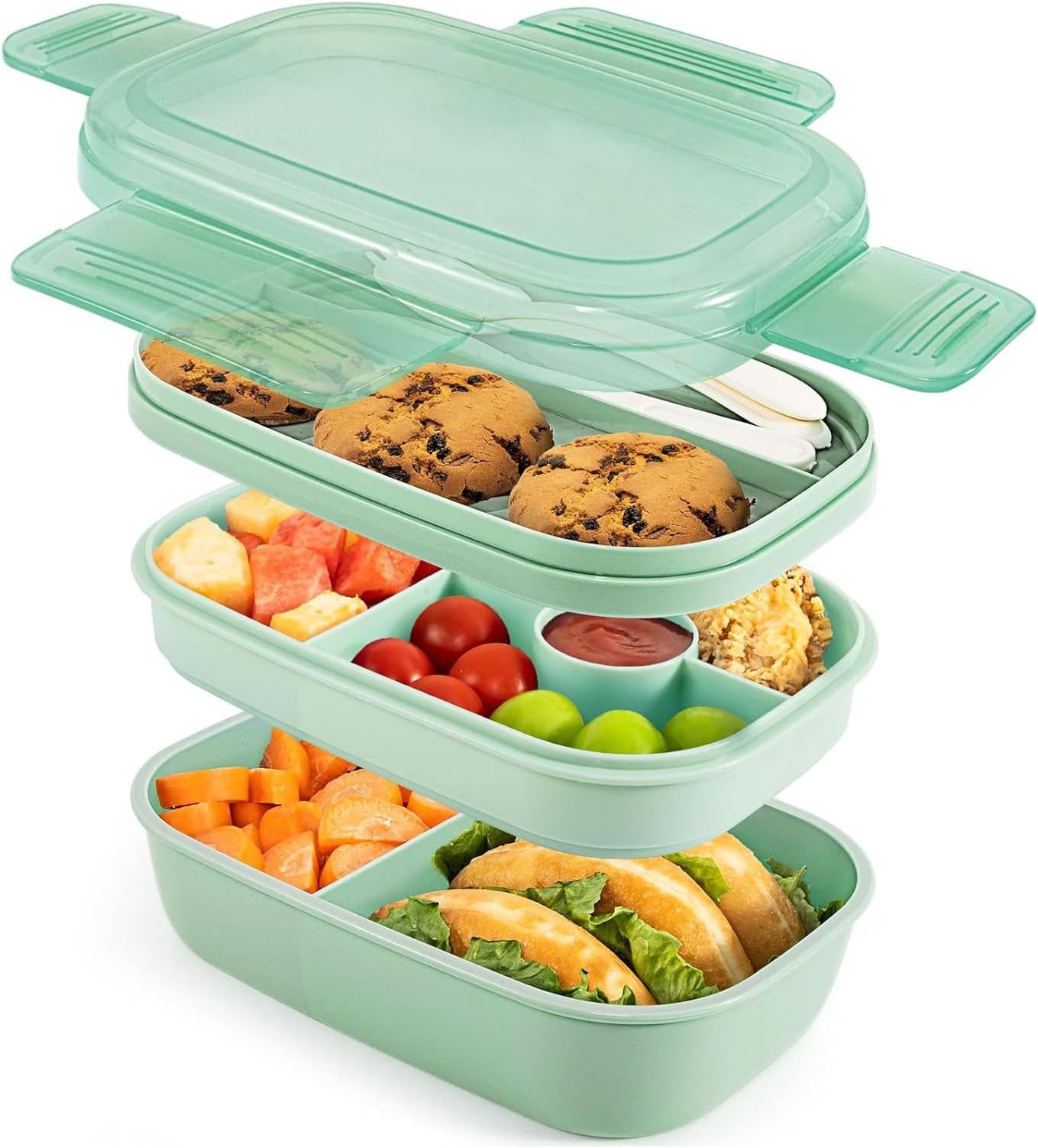 U-HOOMEBento Box Adult Lunch Box - 72oz Stackable Bento Lunch Box for Adults, 3 Layers Bento Lunch Containers Leak-Proof Lunchbox with Utensil Sauce Dressing Containers for Dining Out,Work (Green)