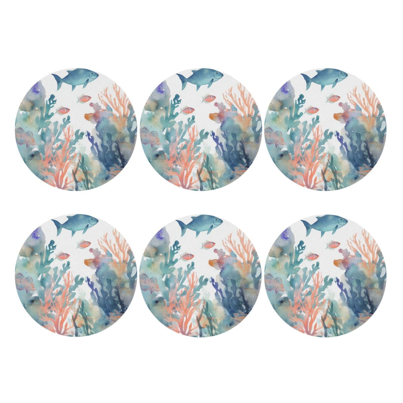 6pcs Leather Coasters for Drinks, Watercolor Fish and Coral Drink Coasters for Tabletop Protection, 4" Cup Coasters for Coffee Table Decor, Non-Slip Drinking Cup Mat for Hot Or Cold Drink