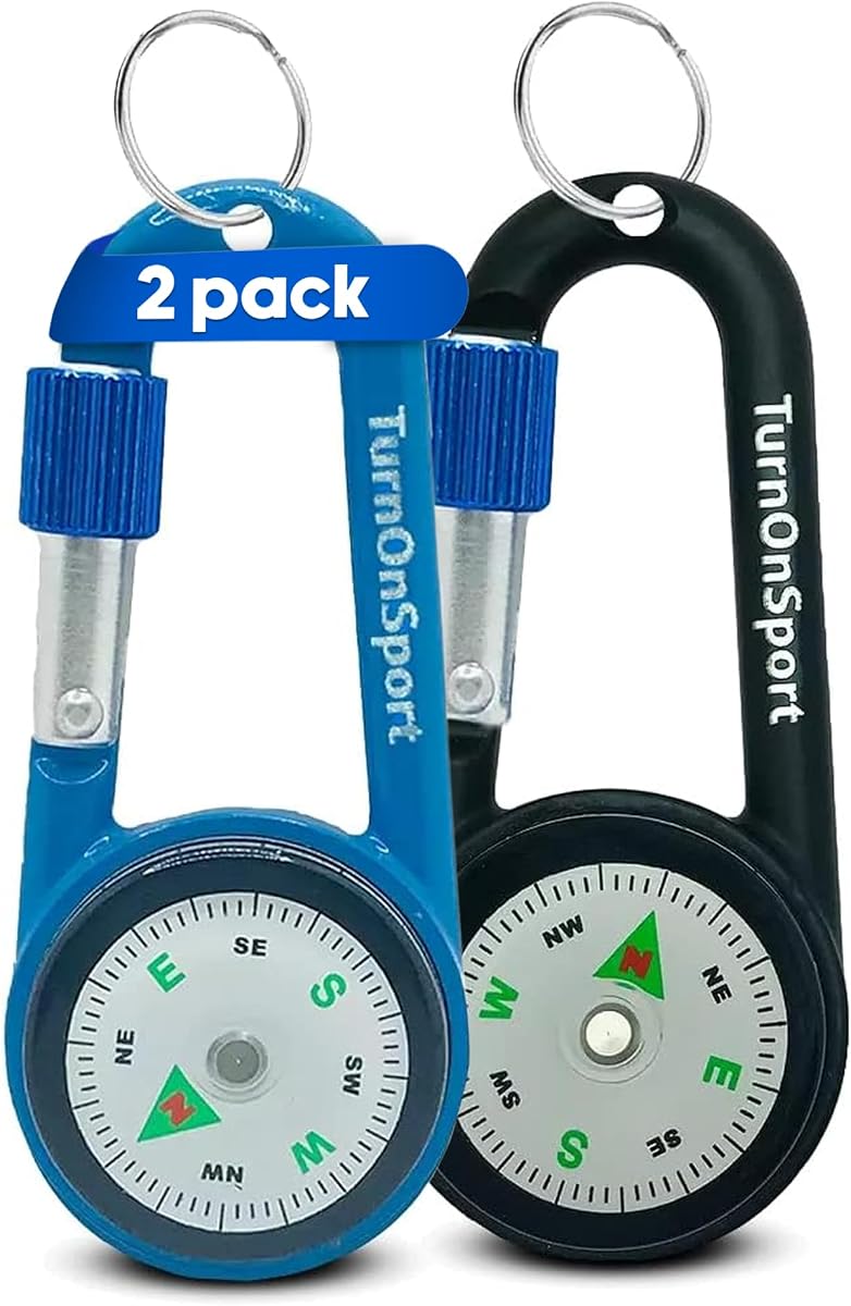 Paquete de 2 mosquetones con clip en brújula para senderismo - Mochilas compactas con llavero de brújula | Llavero de brújula magnética de bolsillo pequeño para niños - Twist Lock | Llavero Llaveros Supervivencia al aire libre Camping
