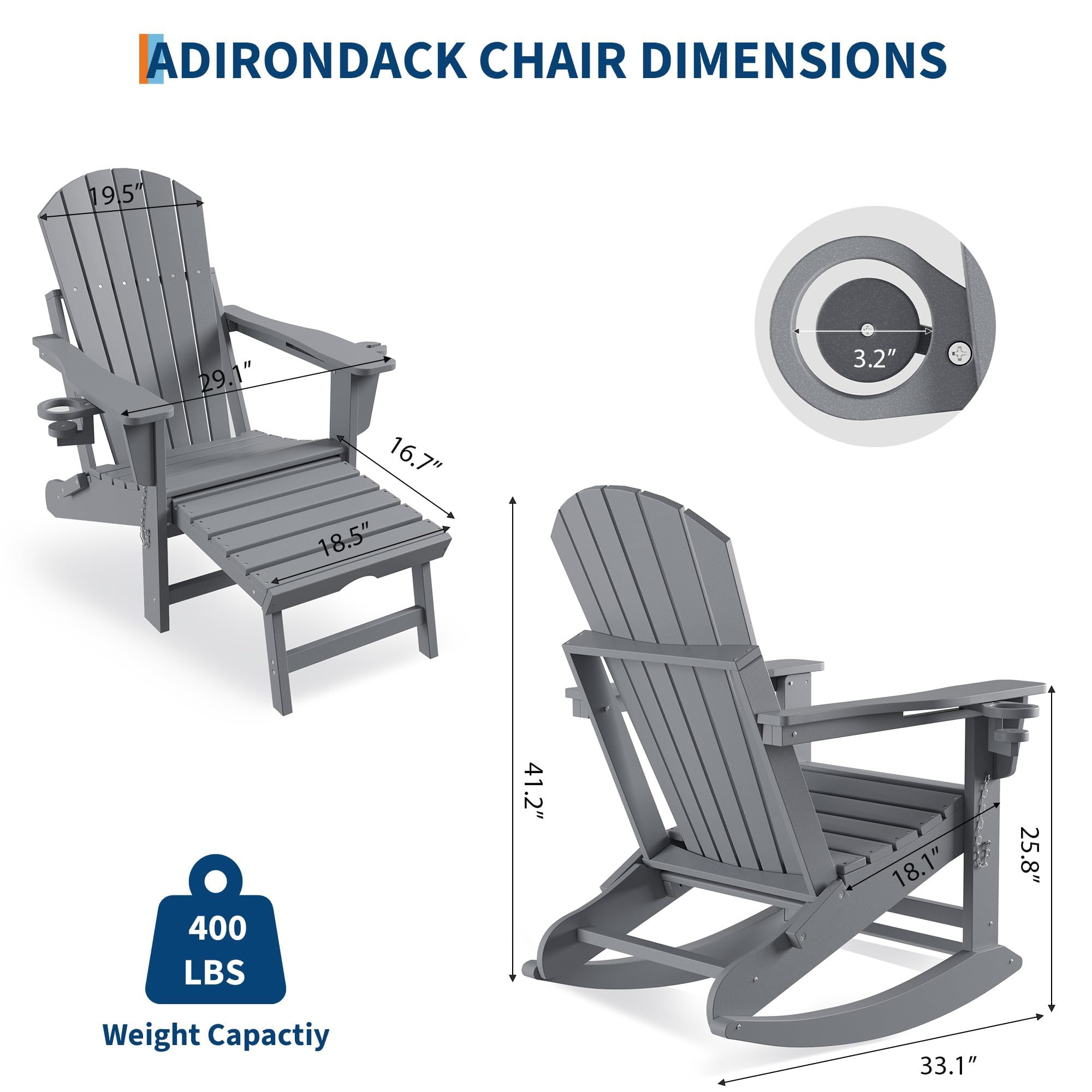 GarveeTech Silla Mecedora Adirondack Plegable para Patio y jardín - Reposapiés y 2 portavasos retráctiles - HDPE Resistente al Clima - Ideal para terraza y Porche - Color: Gris