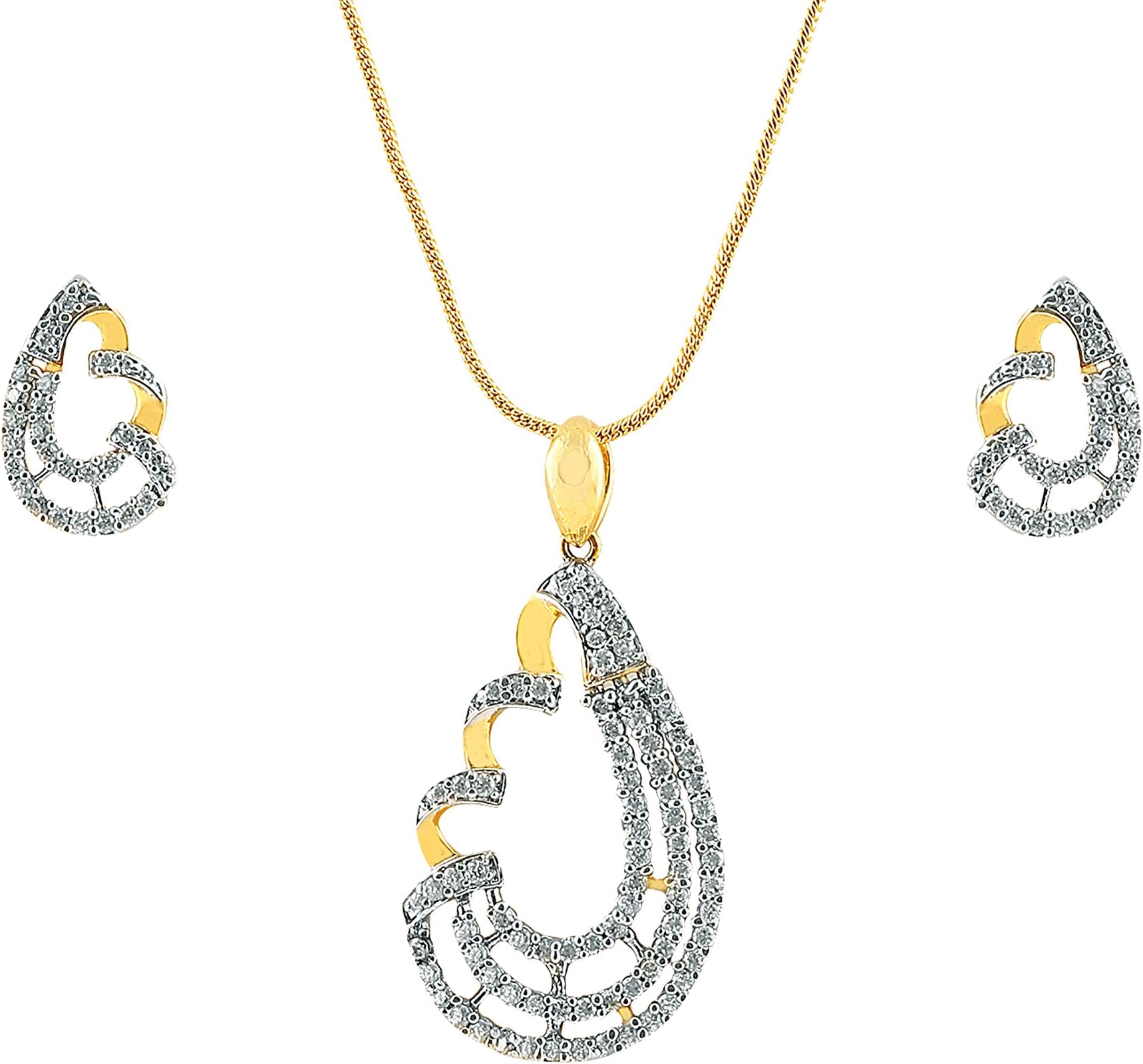 Igniva Women's Stuted Gold Pleated Pendant & Earing Set