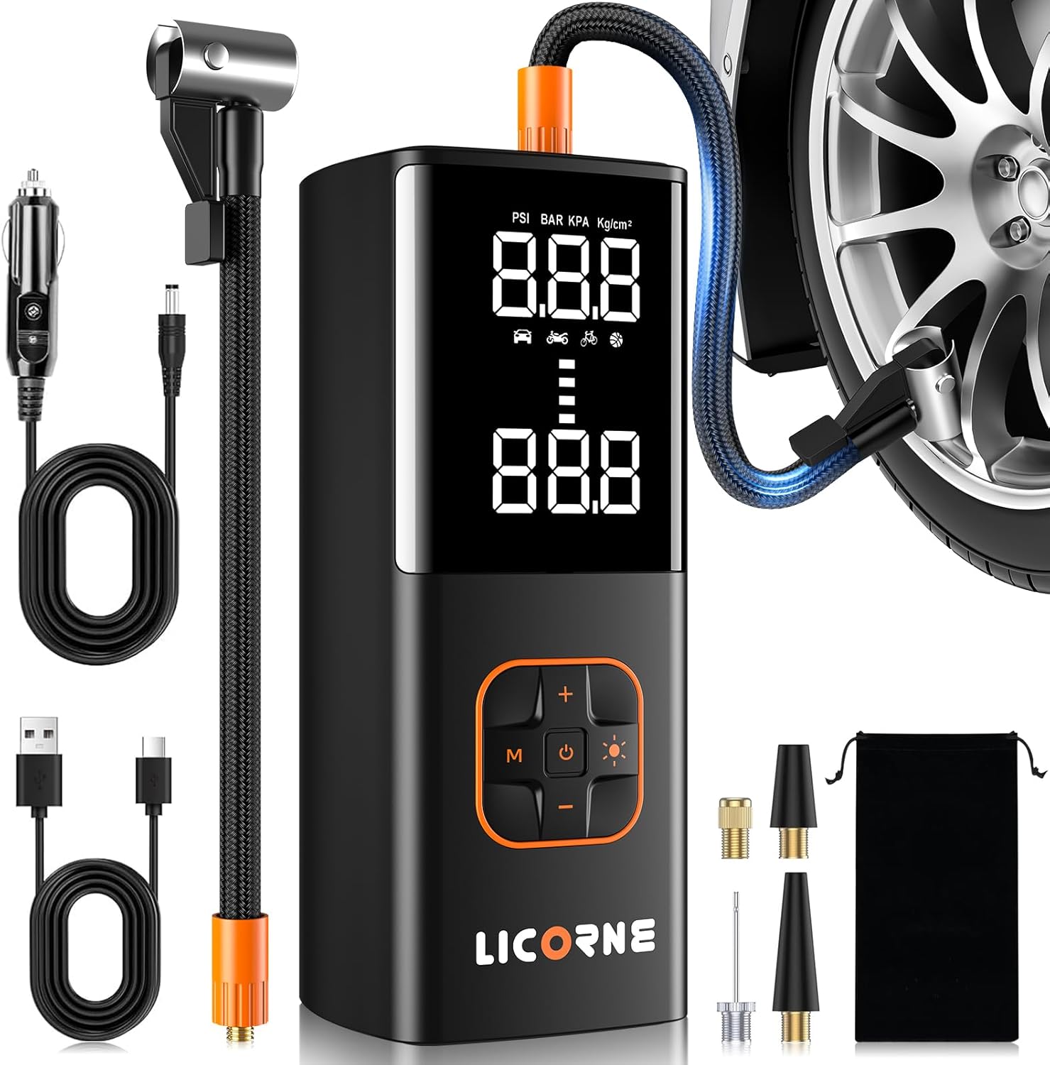 Tire Inflator Portable Air Compressor, 5X Faster Portable Air Pump for Car Tires with 25000mAh Battery, 180PSI Cordless Air Pump with Digital Pressure Gauge for Cars, Bike & Motorcycle Tires, Ball