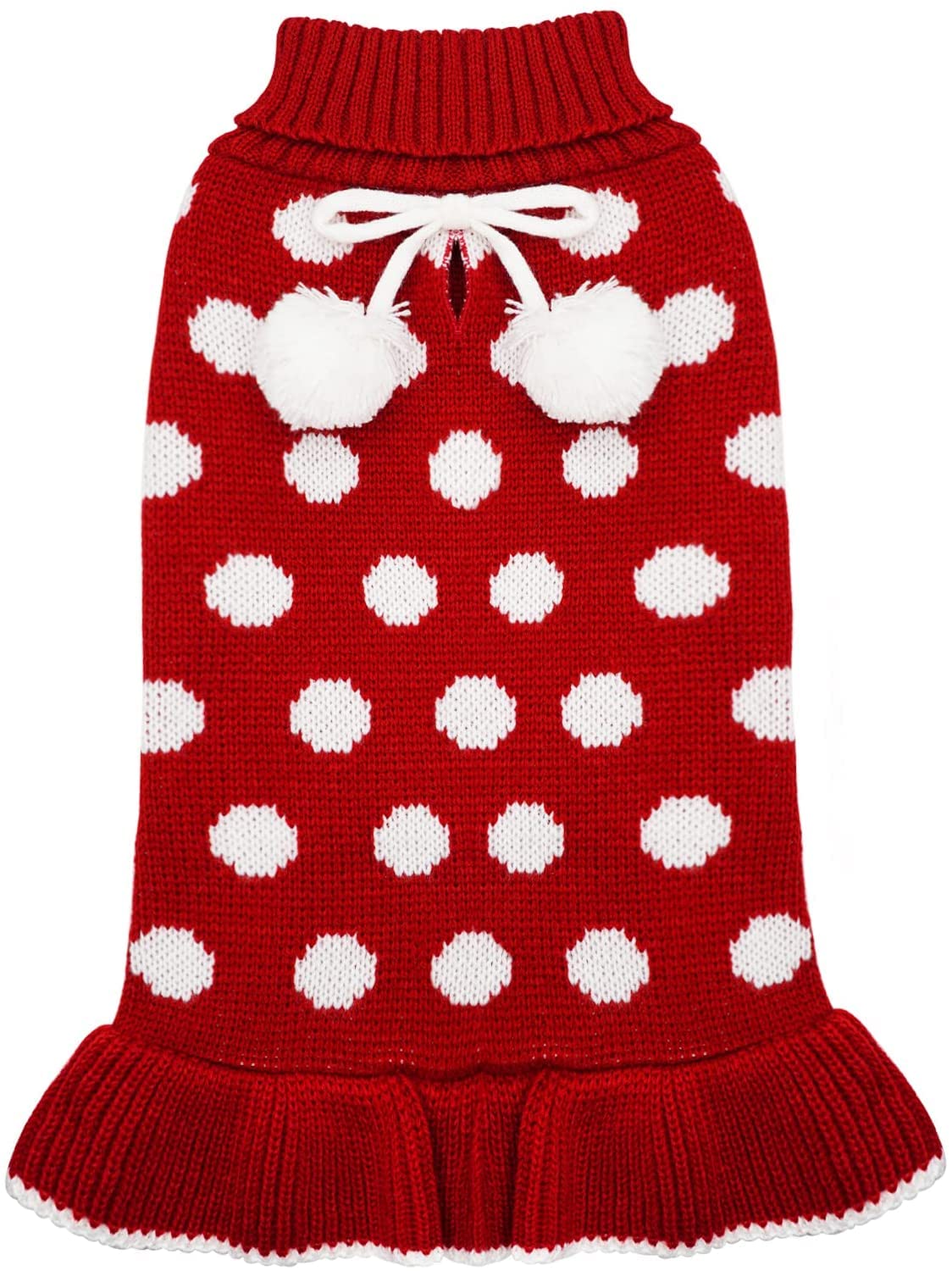KUTKUT Small Dog Cat Sweater Dress Turtleneck Polka Dot Dog Sweaters with Leash Hole Knitwear Warm Pet Sweater with Pom Pom Ball (Size: L, Adjustable Chest: 44cm - 50cm, Back Length: 40cm) (B09MB2L18R) Amazon Price History, Amazon Price Tracker