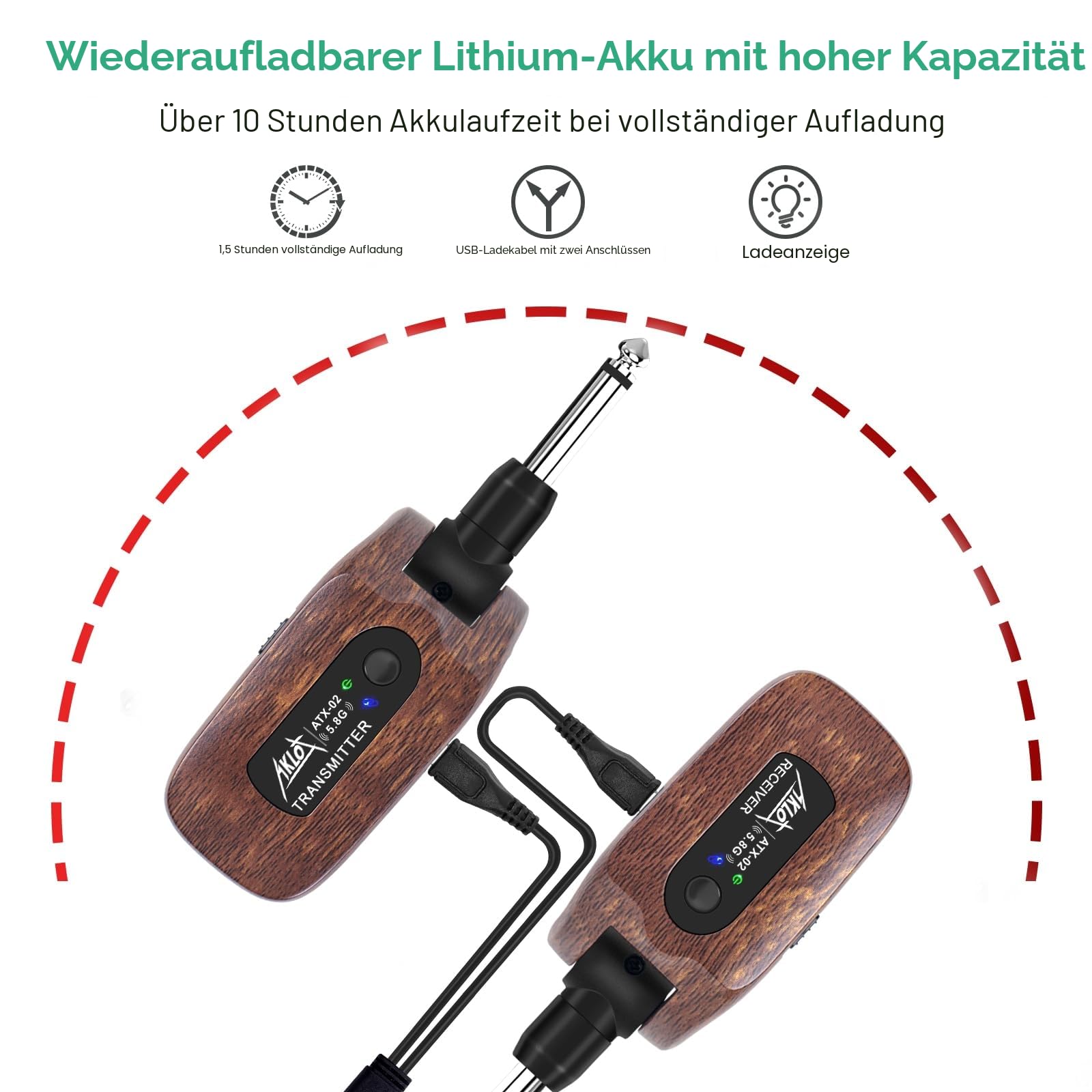 Drahtloses Gitarrensystem,AKLOT 5,8 GHz Drahtloses Sender Empfänger Set Eingebauter Wiederaufladbarer Lithium-Akku Digital für E-Gitarren-Bass