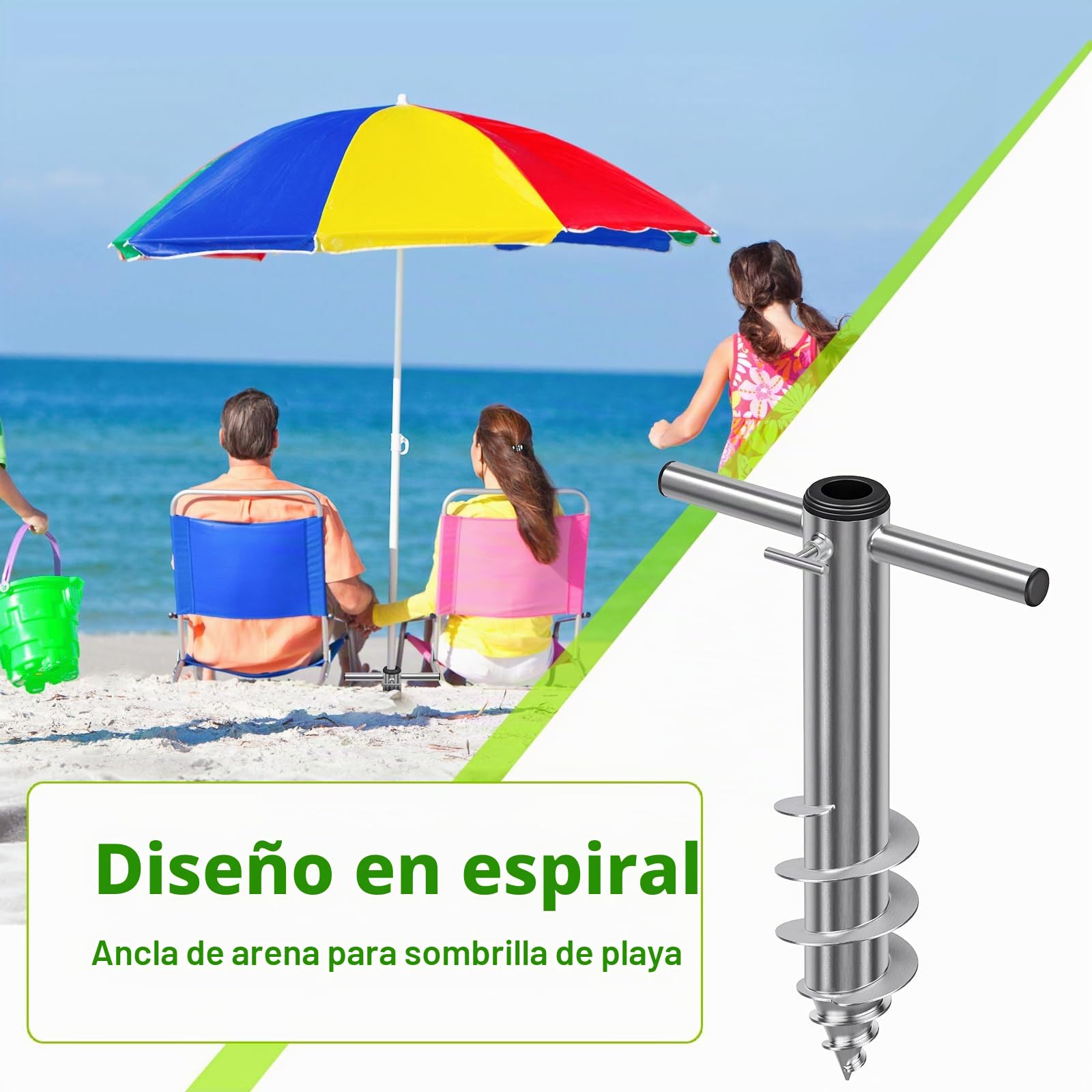 Dolibest - Anclaje de acero resistente para sombrilla de playa, soporte con 3 casquillos para mástiles de 2,5 a 5 cm, estaca cortaviento con base en espiral totalmente soldada para máxima estabilidad