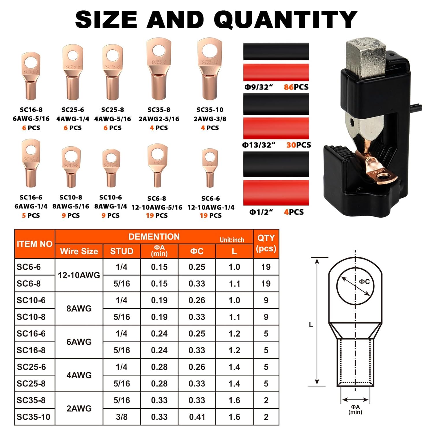 Sanuke 200PCS Battery Cable Ends with Hammer Lug Crimper Tool&Heat Shrink, AWG 2 4 6 8 10 12 Copper Ring Terminals Connectors 80PCS Copper Cable Wire Lugs&120PCS Heat Shrink Tubing Crimping Tool Kit