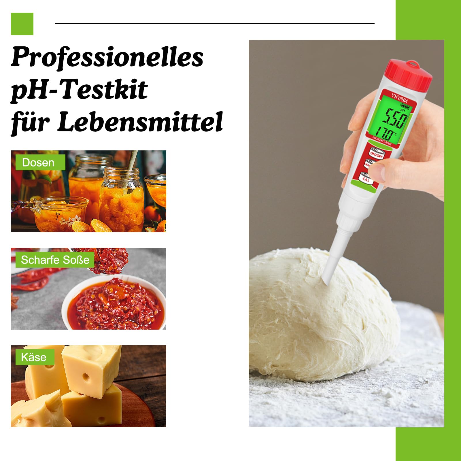Digitales pH Messgerät, YINMIK pH Tester für Lebensmittel mit Kalibrierlösung, pH Wert für Fermentation, pH Lebensmitteltester für Teig, Sushi Reis, Kombucha, Seife, Käse,Fleisch, Pool und wasser