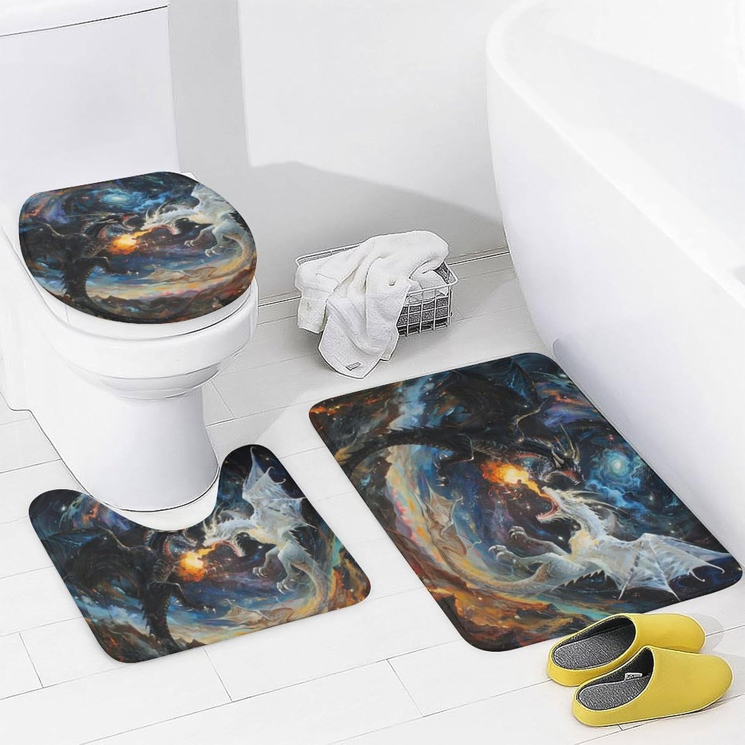 4Pcs Mystical Dragon Shower Curtain Sets, Bathroom Decor Set with Rugs, Bath Mat Retro Mountain Galaxy Fantasy Animal Shower Curtain, 72 X 72 Inch