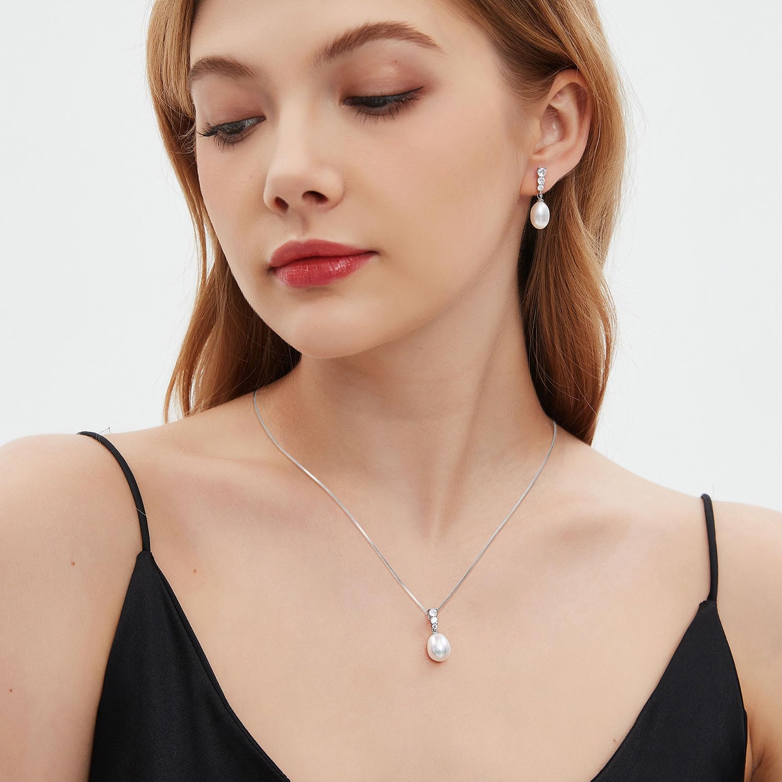 Collar de perlas cultivadas de agua dulce y agua salada, 9 – 10 mm, plata de ley 925, tres diamantes de circonita, cadena ajustable de 45,7 cm + 5,7 cm