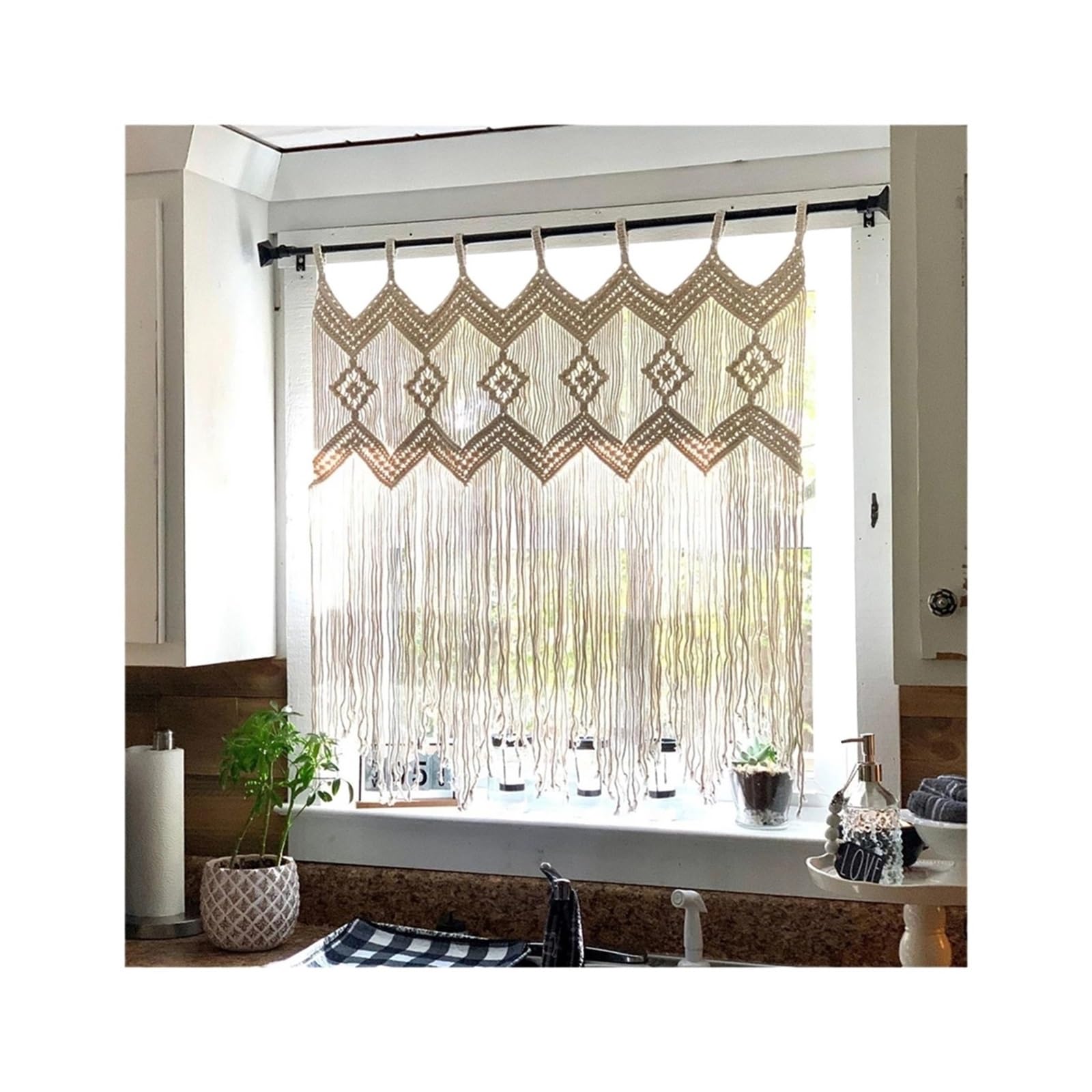 Rideau fenêtre pampilles coton macramé : tapisserie murale de cuisine