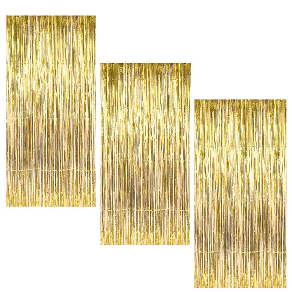 Gold Fringe Backdrop, 3 Pack Gold Foil Curtains, Party Streamers for Birthday, Wedding, Bachelorette Party Decor, Disco Party Decor