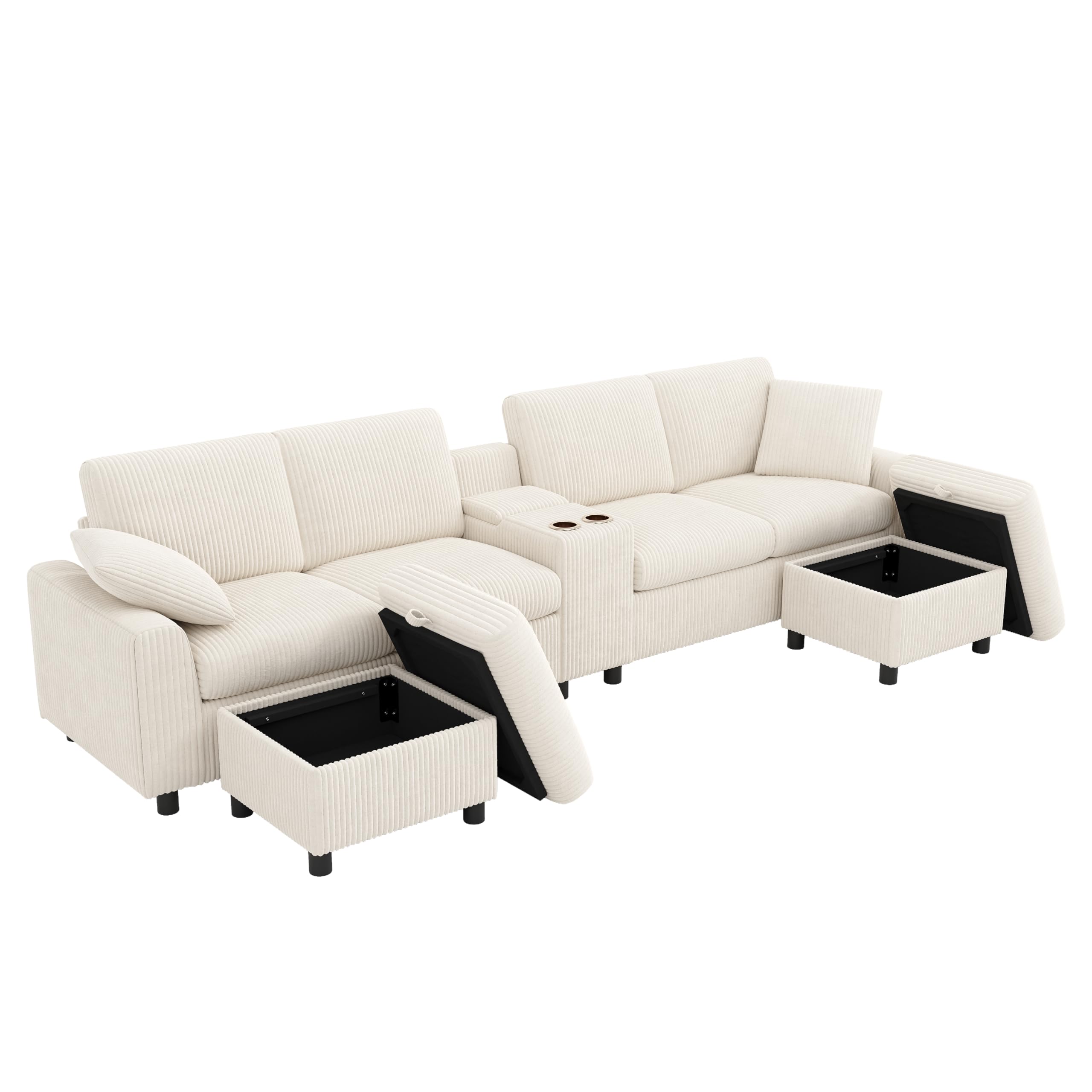 Divano a forma di U in Corduroy, beige, 140 x 320 cm, con 2 poggiapiedi con funzione di stoccaggio, tavolino da caffè, 2 portabevande