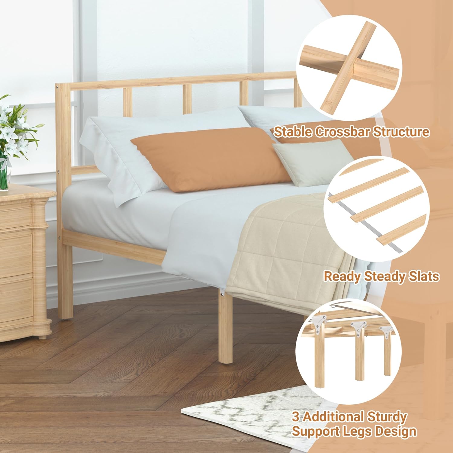 Full Bed Frame with Headboard 14" Bamboo Wood Platform Beds with Non-Slip Slats Support, Under-Bed Storage, Heavy Duty Bed No Box Spring Needed 9 Sturdy Legs Noise Free, Natural - Image 5