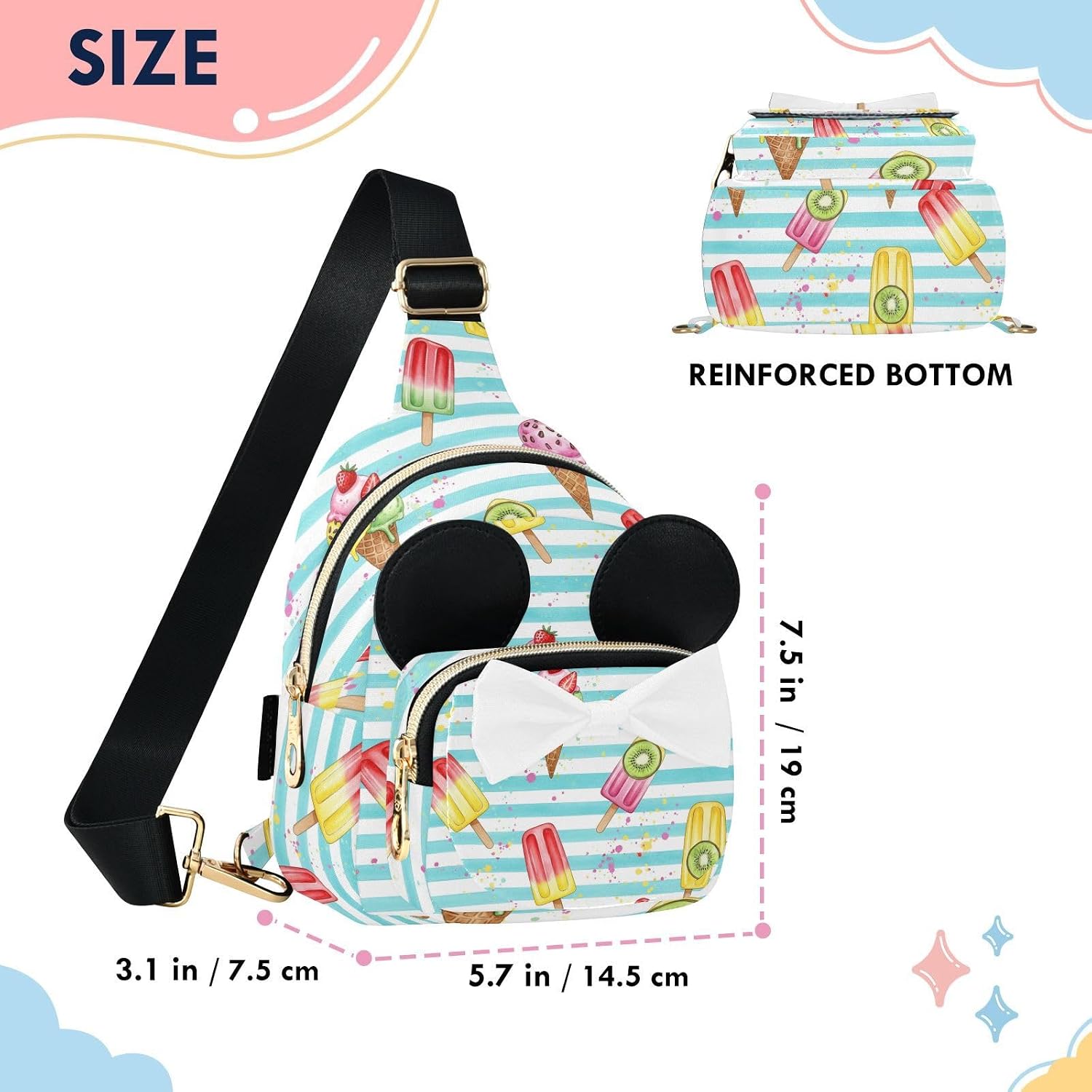 Ice Cream Kids Sling Bag for Girls, 3.1x5.7x7.5 In | Crossbody Fanny Pack, Toddler Purse, Cute Sling Belt Bag with Ears, 2L Small Shoulder Chest Bag for Travel