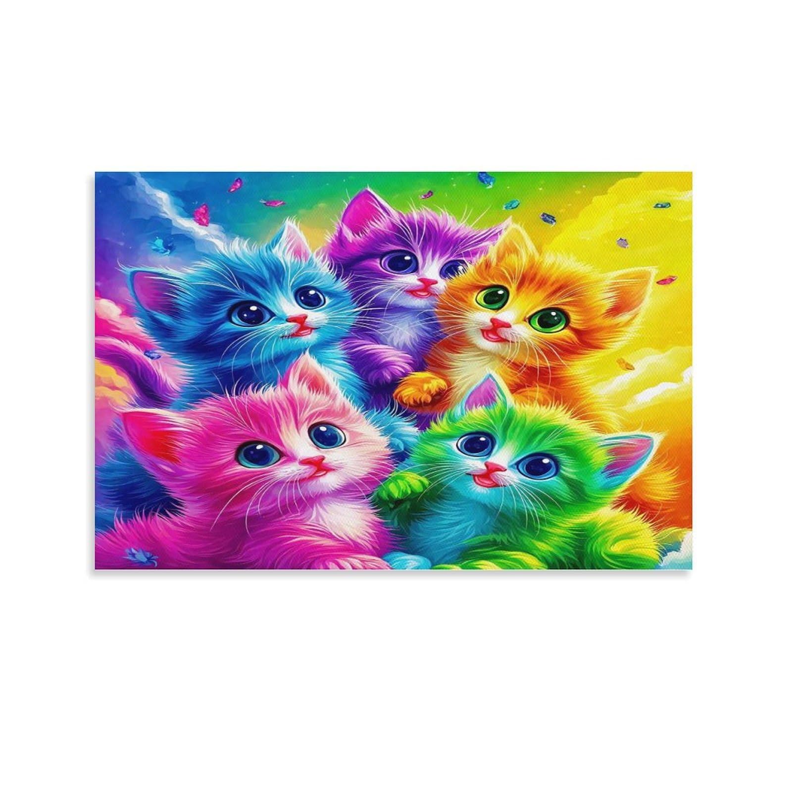 CPLVKWRQJ Snowy Mountain Cat Under Starry Sky 1 Piece Five Colorful Kittens Rainbow Gradient Backdrop Canvas Artwork - Living Room Gallery Wall Statement Piece Fade Resistant Decor 12x18inch(30x45cm)