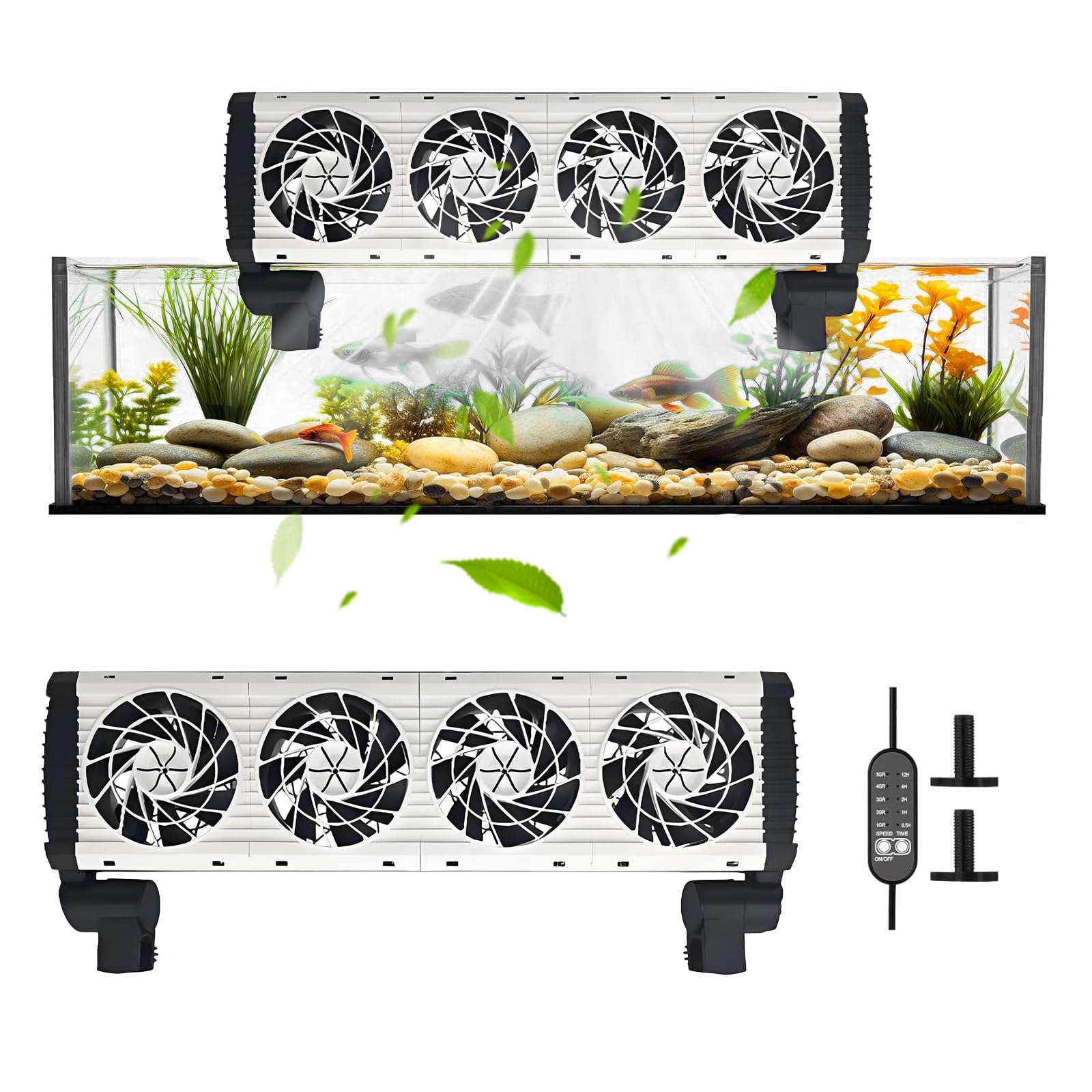 Aquarium Chiller Fan, 4 Powerful Fish Tank Cooling Fan with Adjustable 5 Speed Controller 5 Timer Setting, Aquarium Chiller 180° Rotation Aquarium Cooler (4 Fans Black&amp;White)