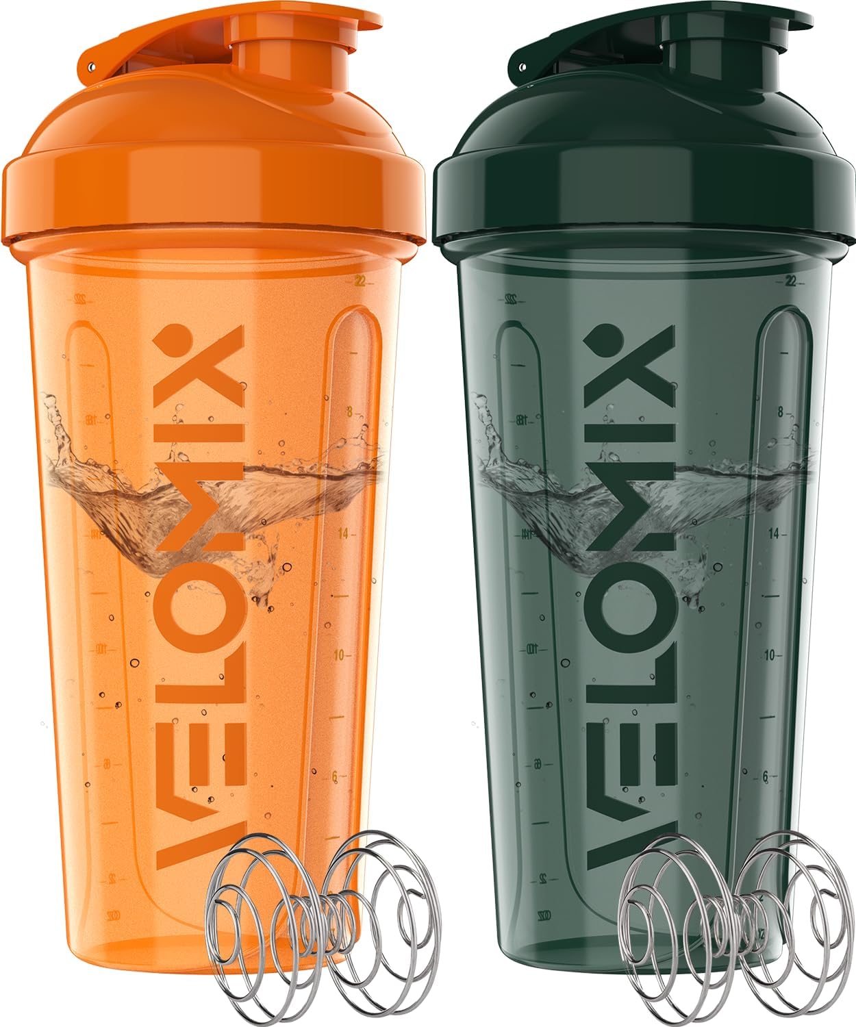 VELOMIX -2 Pack- 28 oz Protein Shaker Bottles for Protein Mixes - 2x Wire Whisk | Leak Proof Shaker Cups for Protein Shakes | Protein Shaker Bottle Pack | Shakers for Protein Shakes-Green&Orange