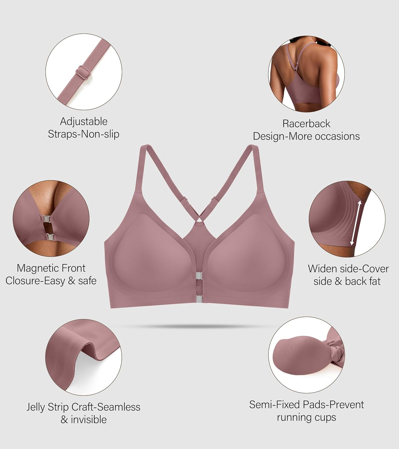 DEANGELMON Front Closure Bras for Women Racerback Bra No Underwire Seamless Push Up T-Shirts Bras Supportive Womens Bralettes - Image 4
