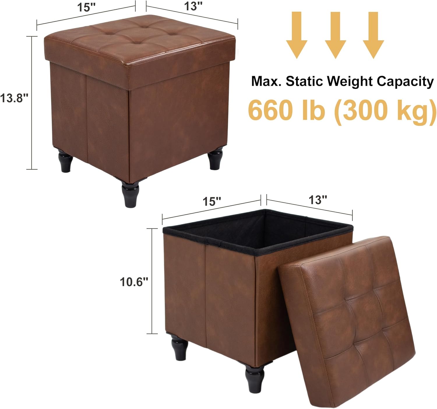 GLAXYFUR Storage Ottoman Bench, 15 Inches Foldable Ottoman Foot Stool with Legs, PU Leather Footrest for Living Room, Bedroom, Dorm (Brown) - Image 2