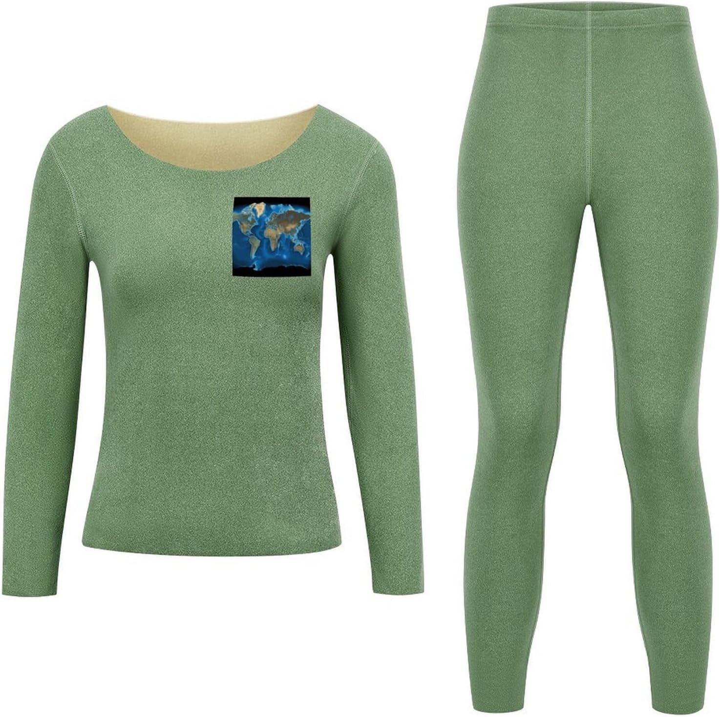 Women's World Map Thermal Underwear Set Soft Long Johns Base Layer Top & Bottom for Cold Weather