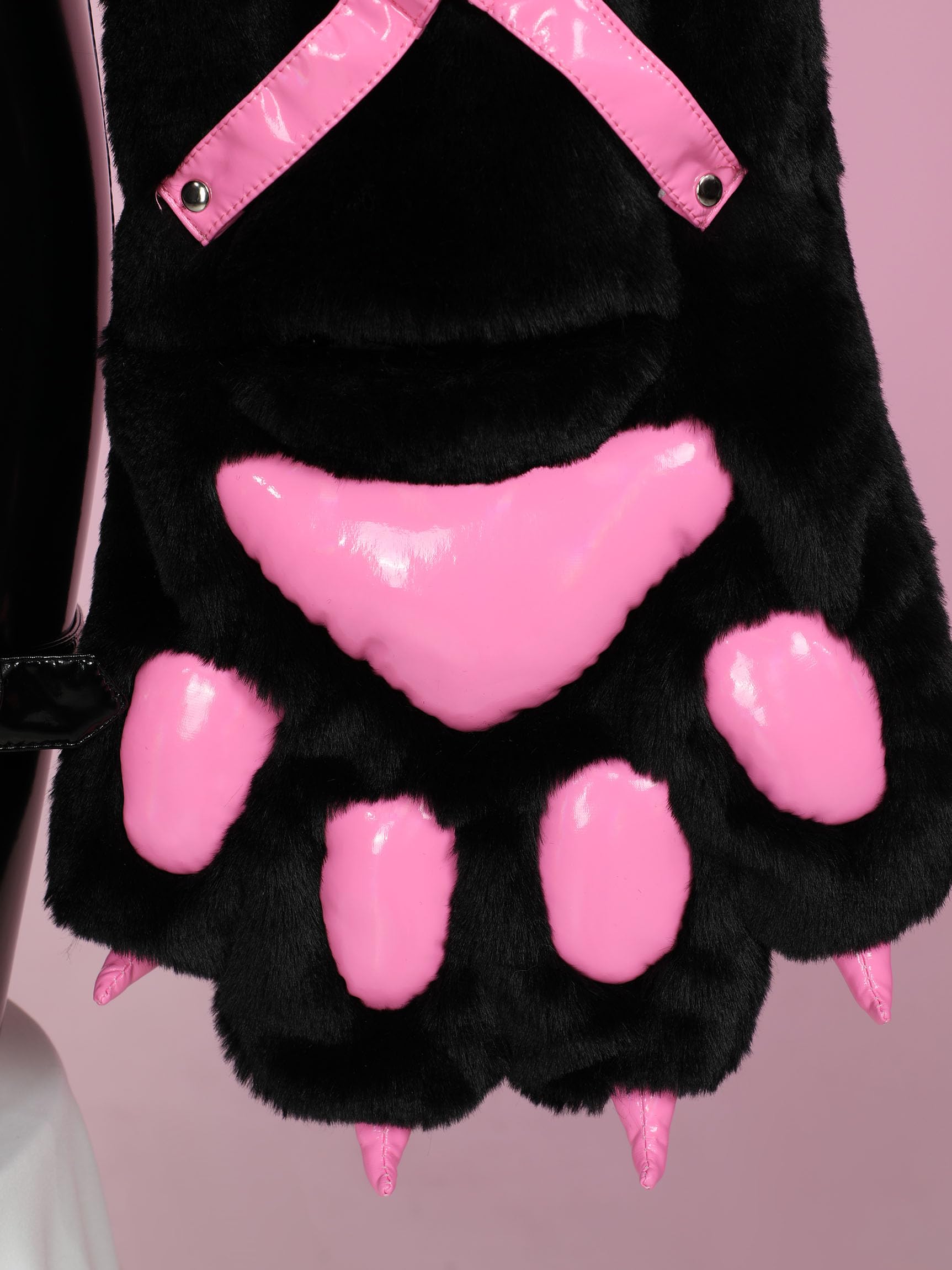 Mobbunny PU Leather Jumpsuit for Women V-neck Tight Bodysuit and Plush Hoodie with Furry Paw Gloves Party Club Halloween: Medium