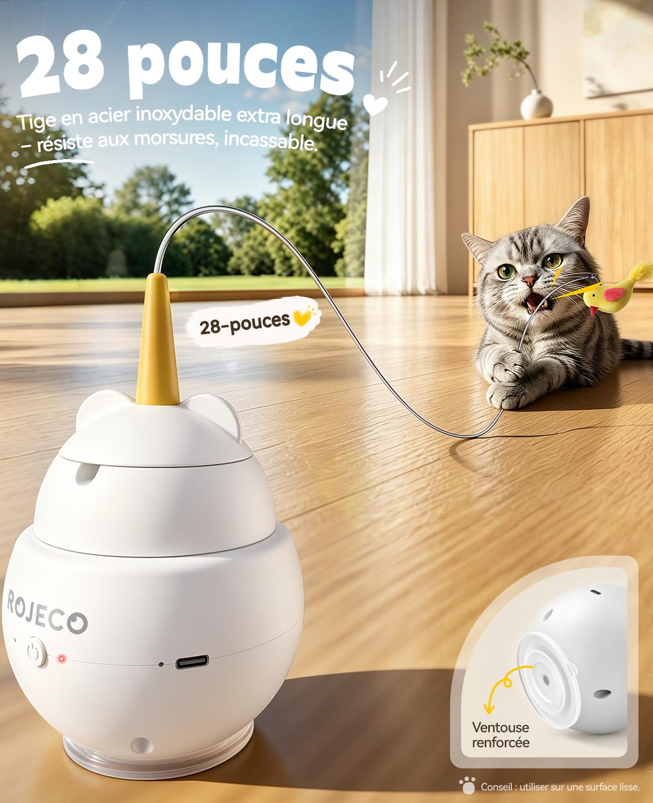 ROJECO Version Améliorée – Jouet Chat Interactif Laser Rotatif 360 & Canne Pêche 2en1, Rechargeable USB-C, 3 Modes, Ventouse Puissante, Arrêt Auto-Intelligent